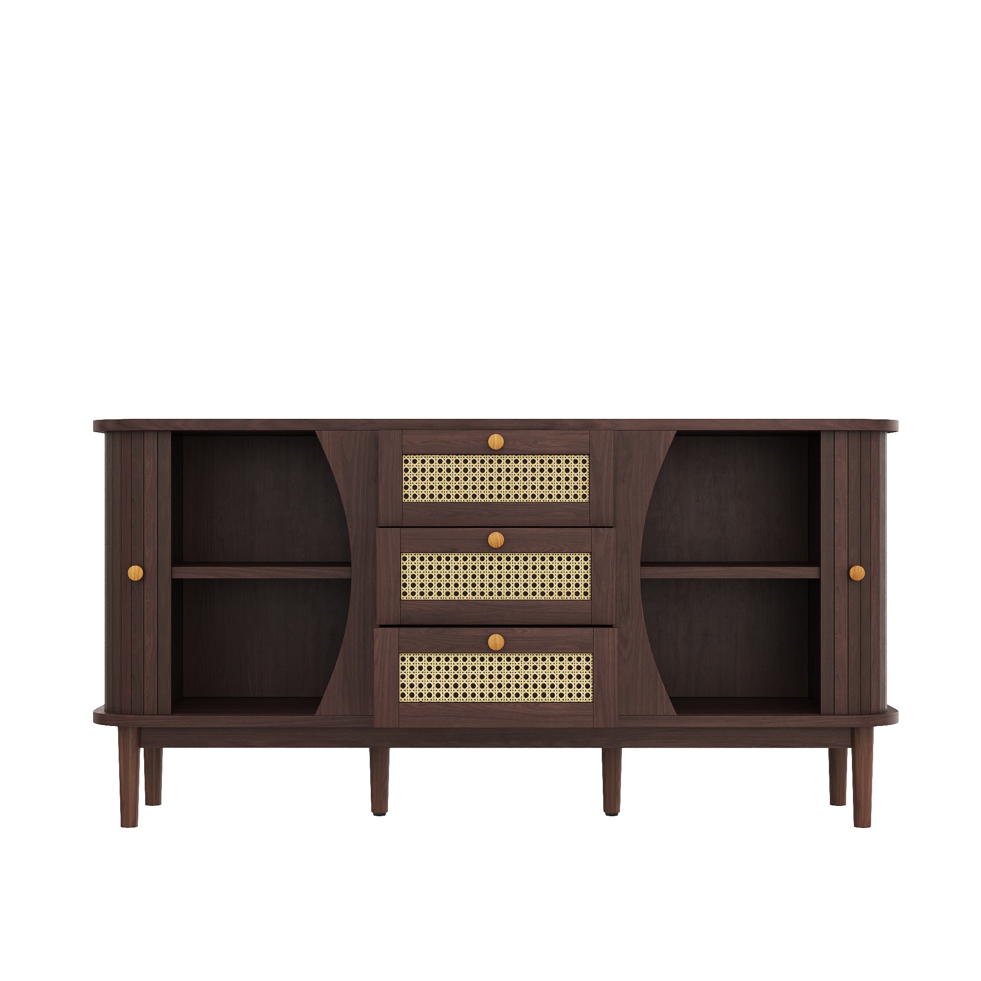 Sideboard, Rattan Drawers with Sliding Doors & Adjustable Shelves, Wood Color