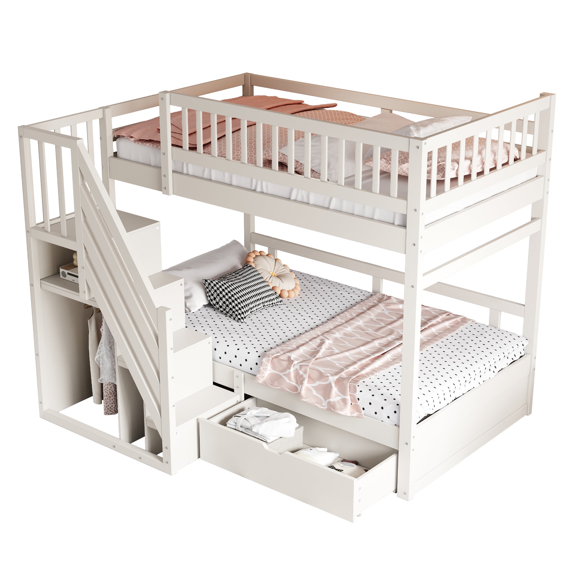 Bunk Bed, 90x200 cm, High Safety Rail, Storage Ladder & Drawers, Solid Wood, White