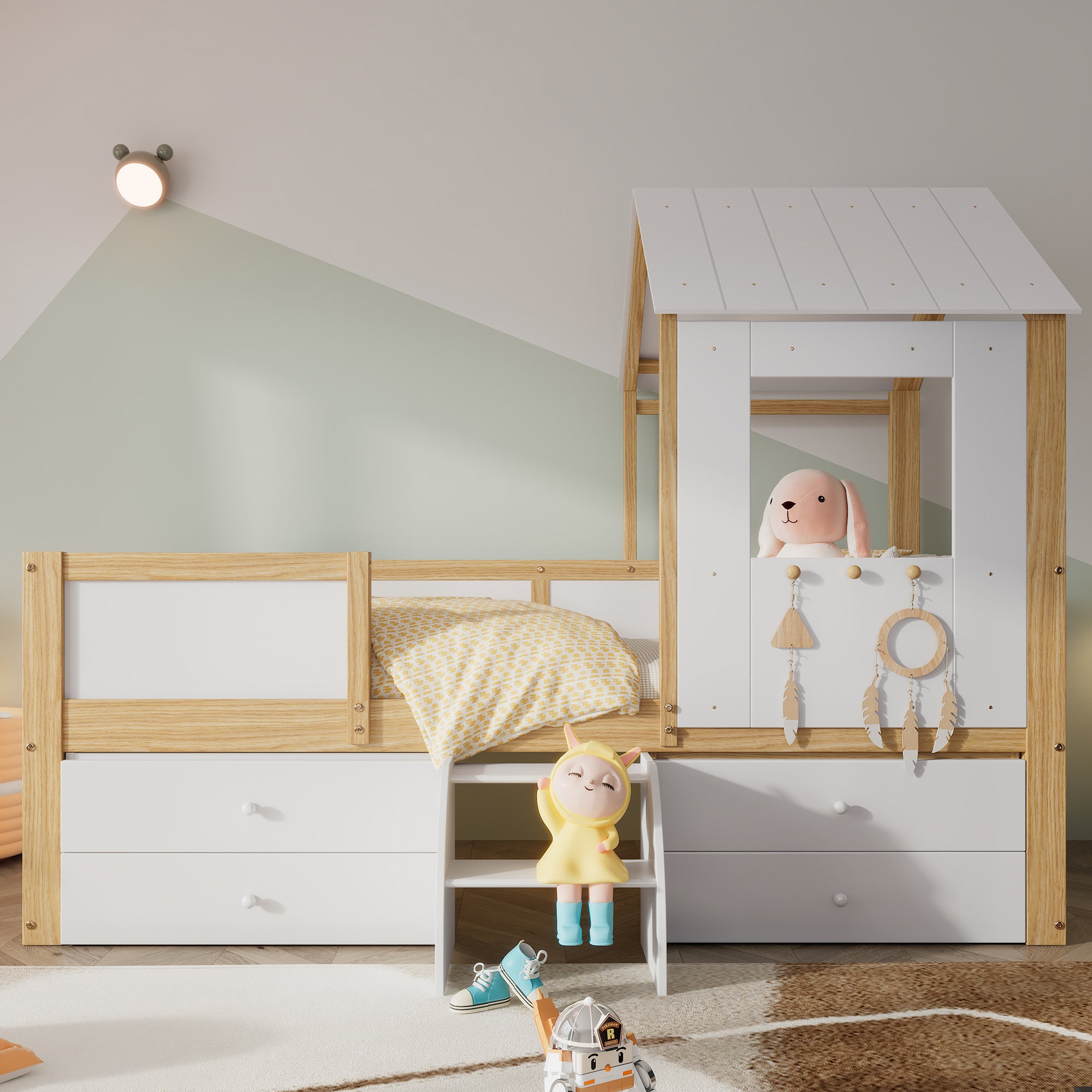 Children's Bed, Half-Height House Bed with 4 Drawers & Stairs, Pine+MDF+Plywood, White+Natural, 90x200cm