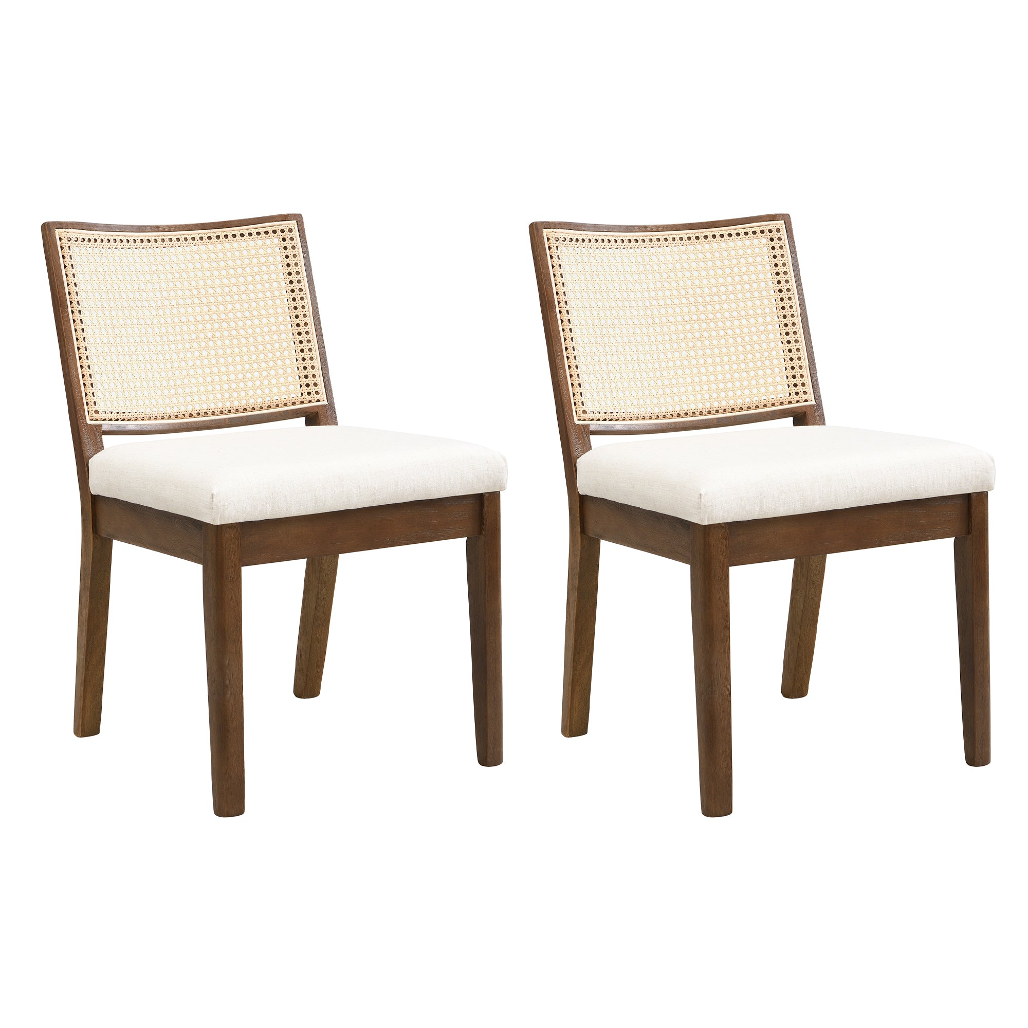 Solid Wood Dining Chairs with Rattan Backrests, Set of 2, Walnut and Linen