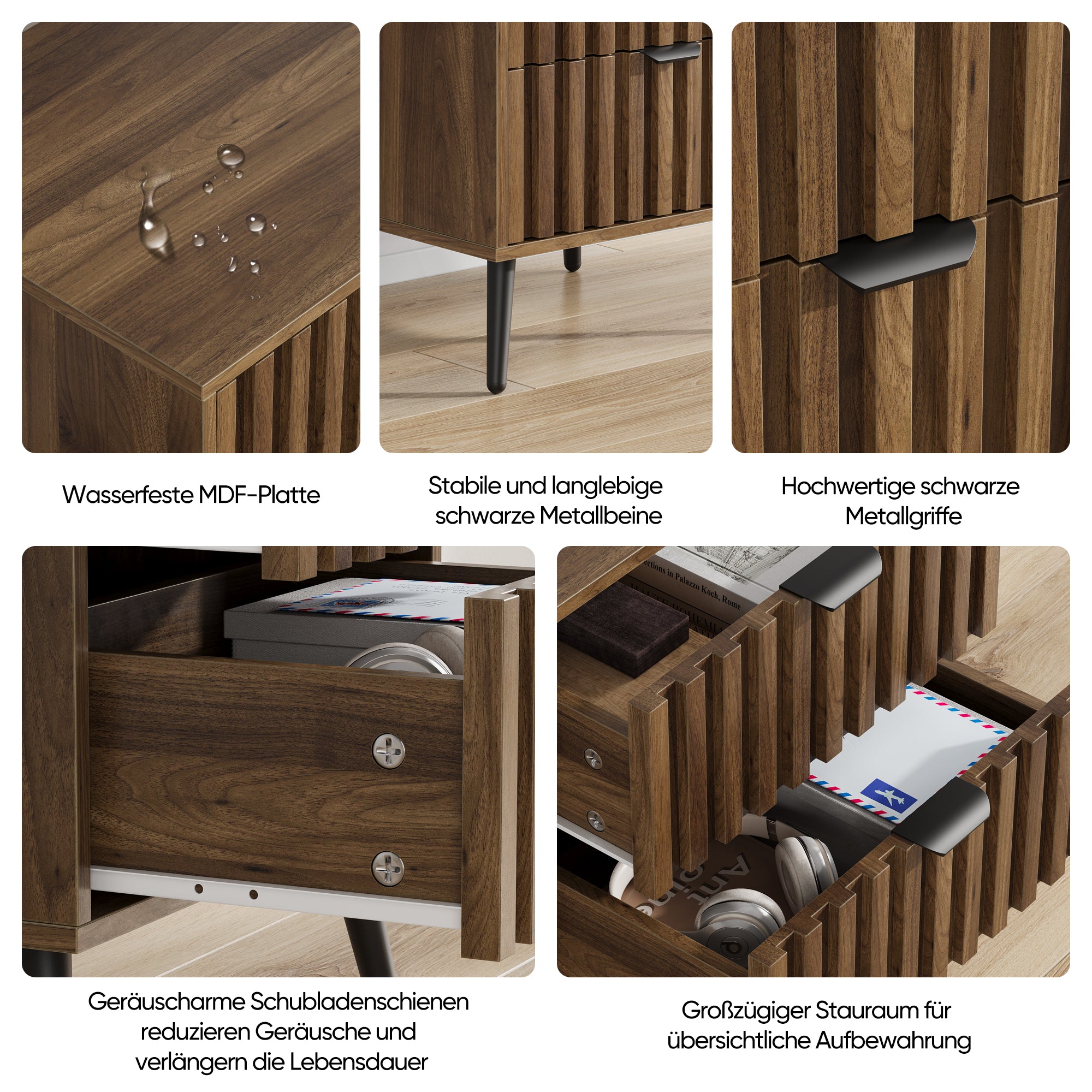 Modern Bedside Table Recessed Design 2 Drawers 45x40x53 cm - Walnut