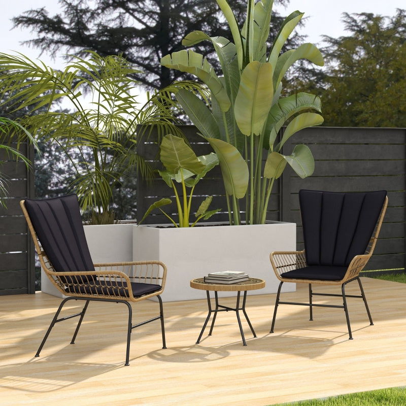 Rattan Seating Group, 3-Piece with 2 Chairs & Side Table, Tempered Glass