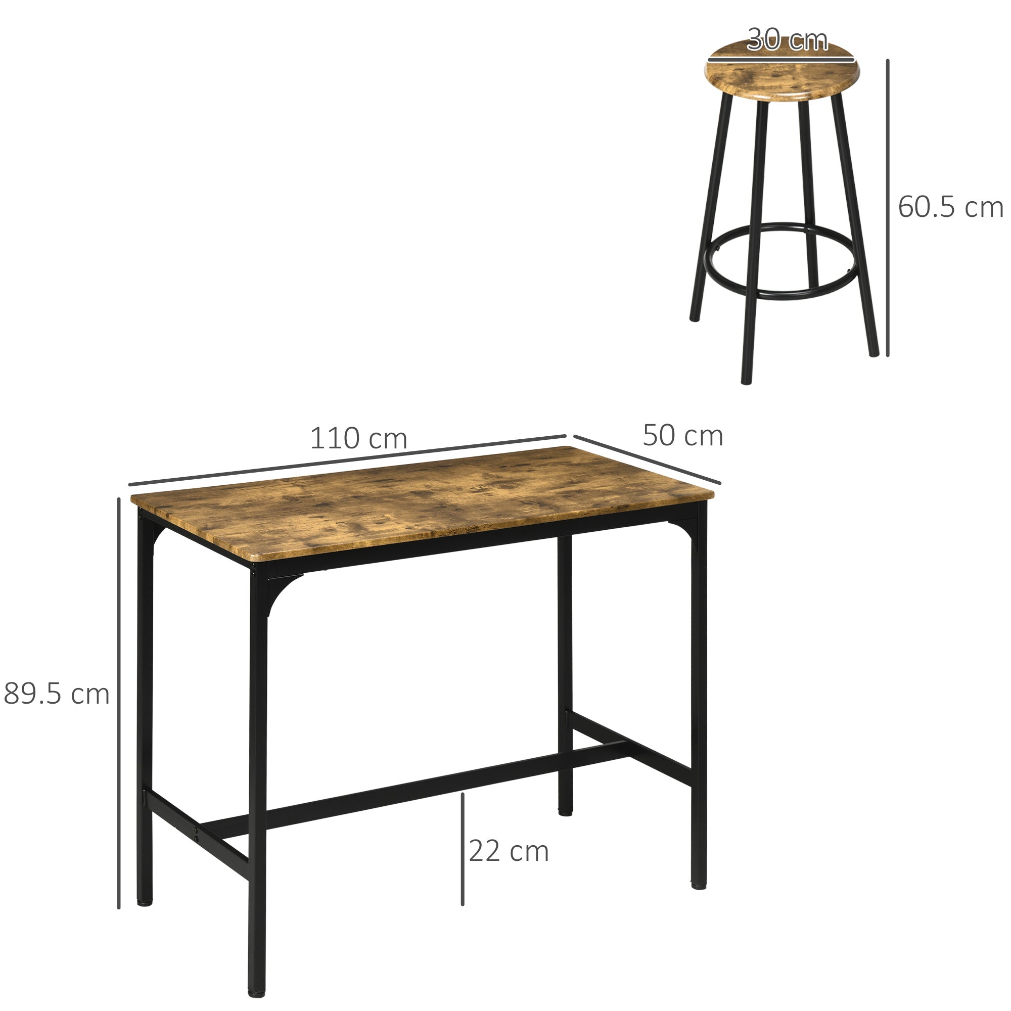 5-Piece Bar Table Set, 4 Bar Stools Industrial Design Rustic Brown Metal