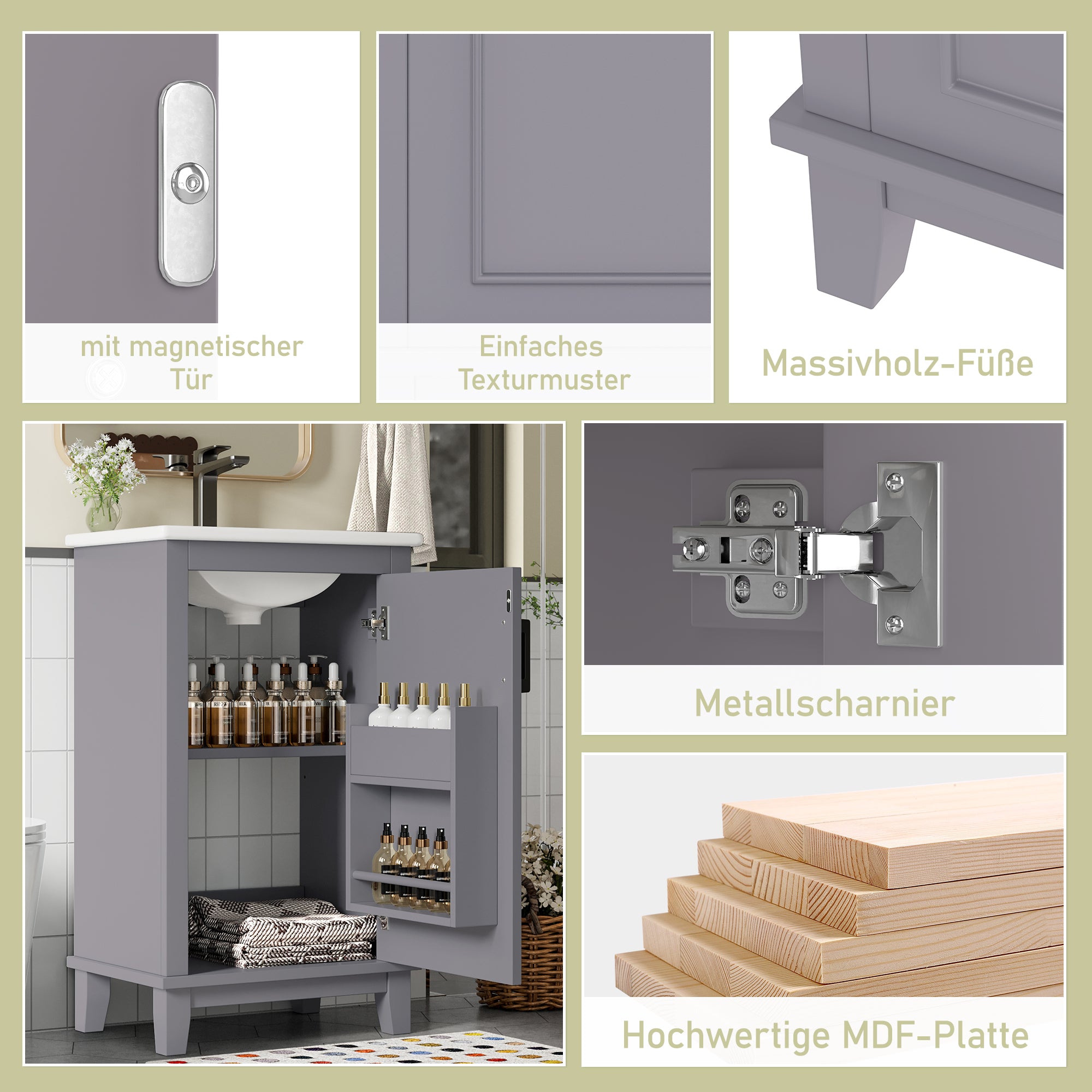 Bathroom Vanity Unit with Ceramic Sink and Adjustable Shelves, Grey