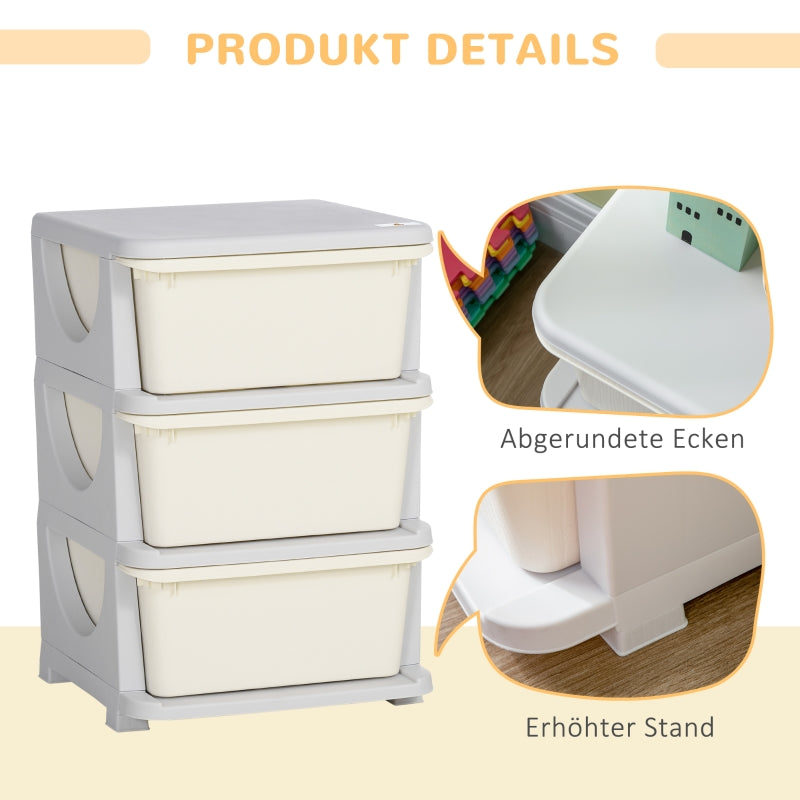 Children's Storage Boxes, 3 Large Drawers, Cream White Plastic