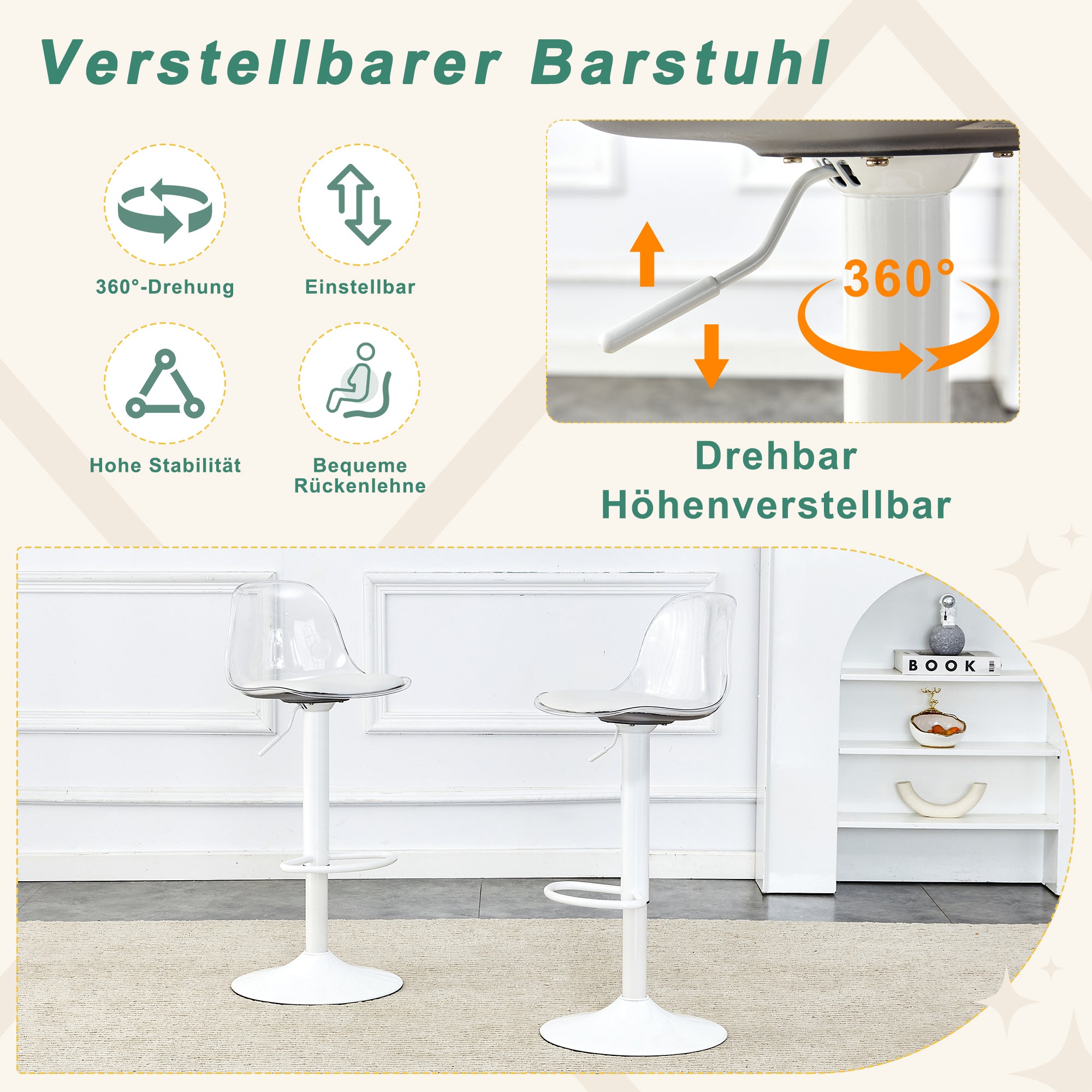 2-Pack Adjustable Beam Chair, Height Adjustable 82-104 cm, 360° Swivel, Transparent/White Metal