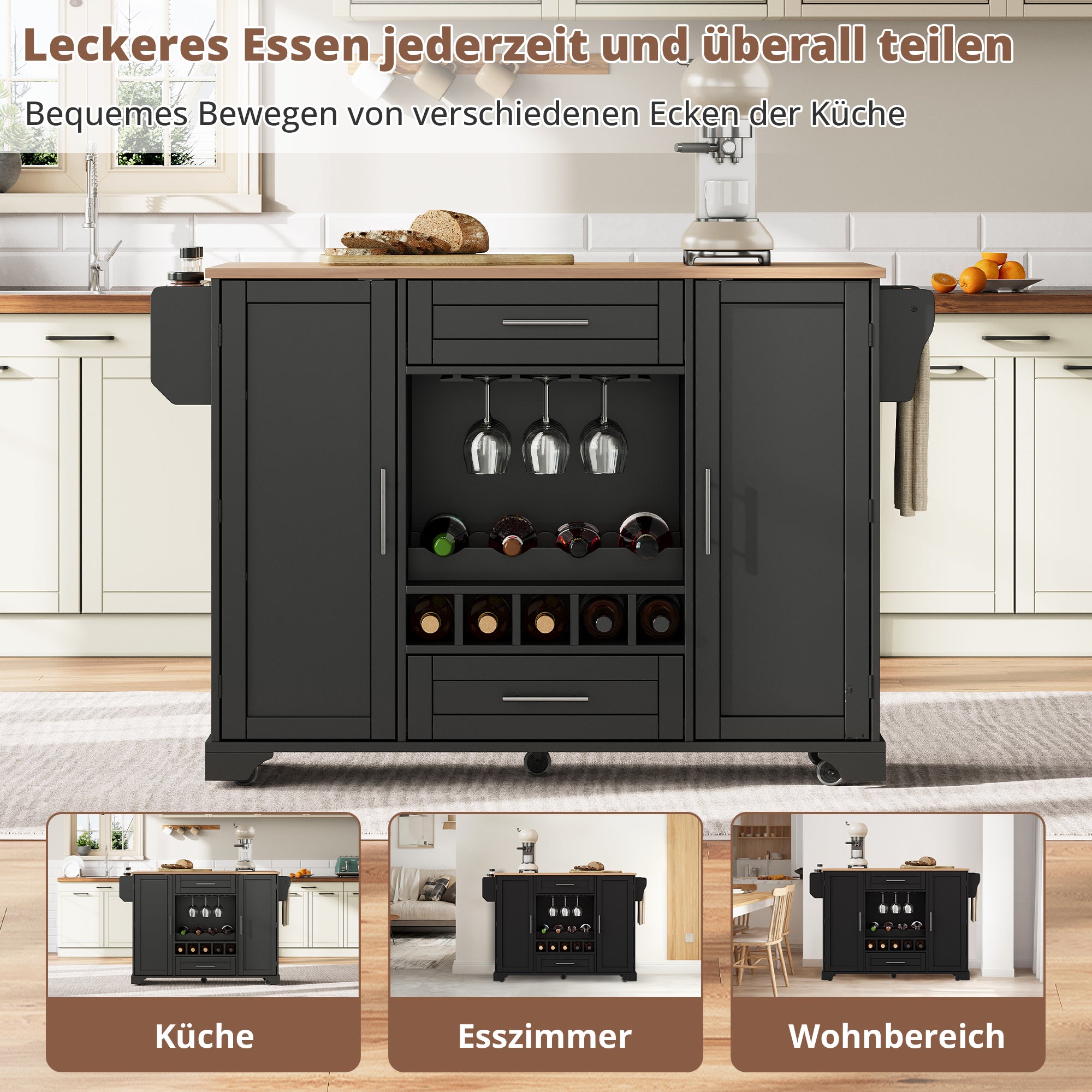 Kitchen Island Cart Folding Worktop Wine Rack Storage - Black