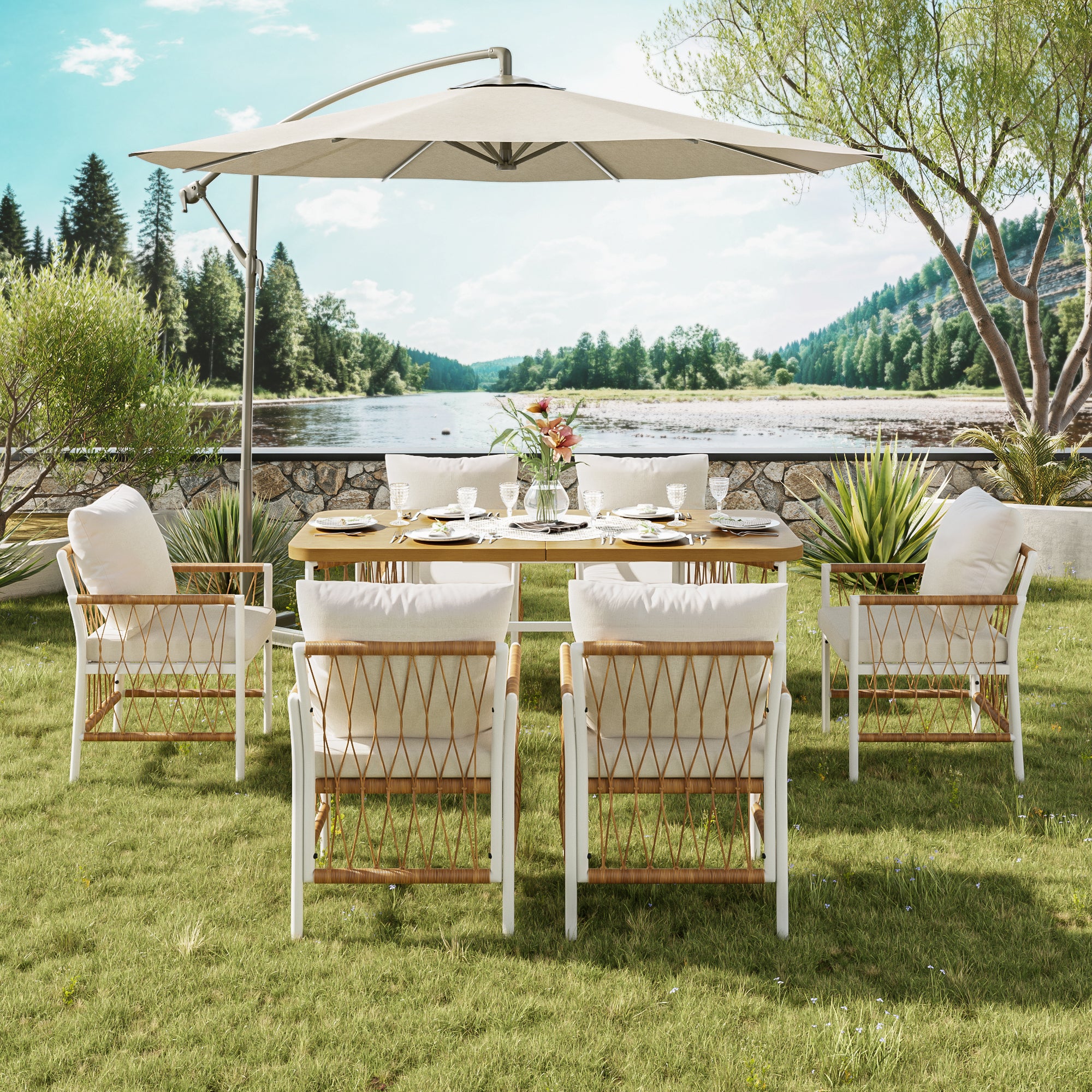 Modern Outdoor Leisure and Meeting Set with Woven Armrests and Cushions, Iron Frame