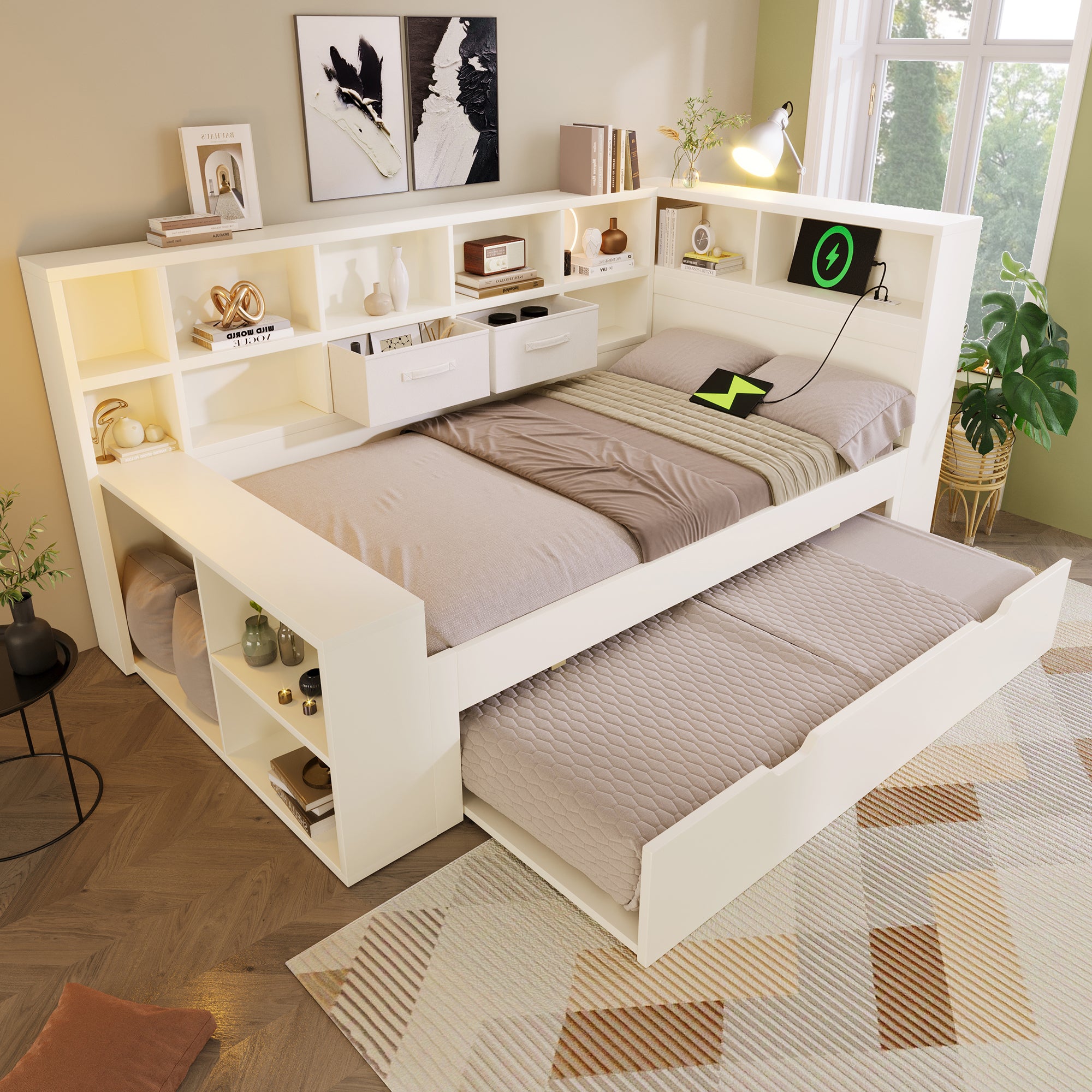 Single Bed with Pull-Out Bed, Shelves and USB Charging, White
