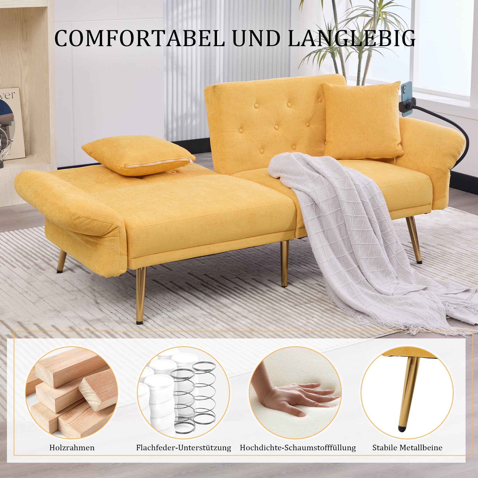 Sofa Bed, Multifunctional Folding with Adjustable Backrest, USB Ports, Side Pocket, Metal Legs