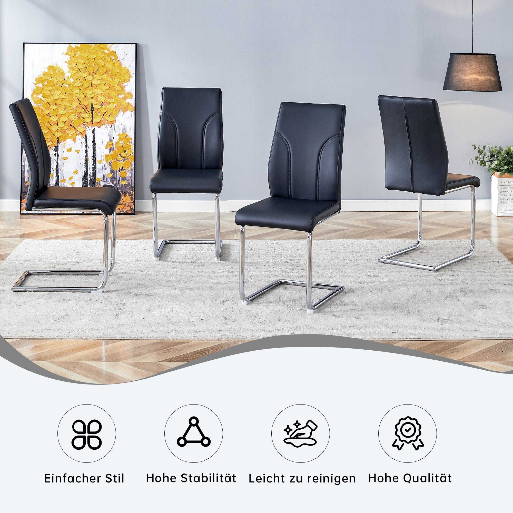 Dining Chairs, Set of 2, Silver Metal Legs, Black PU