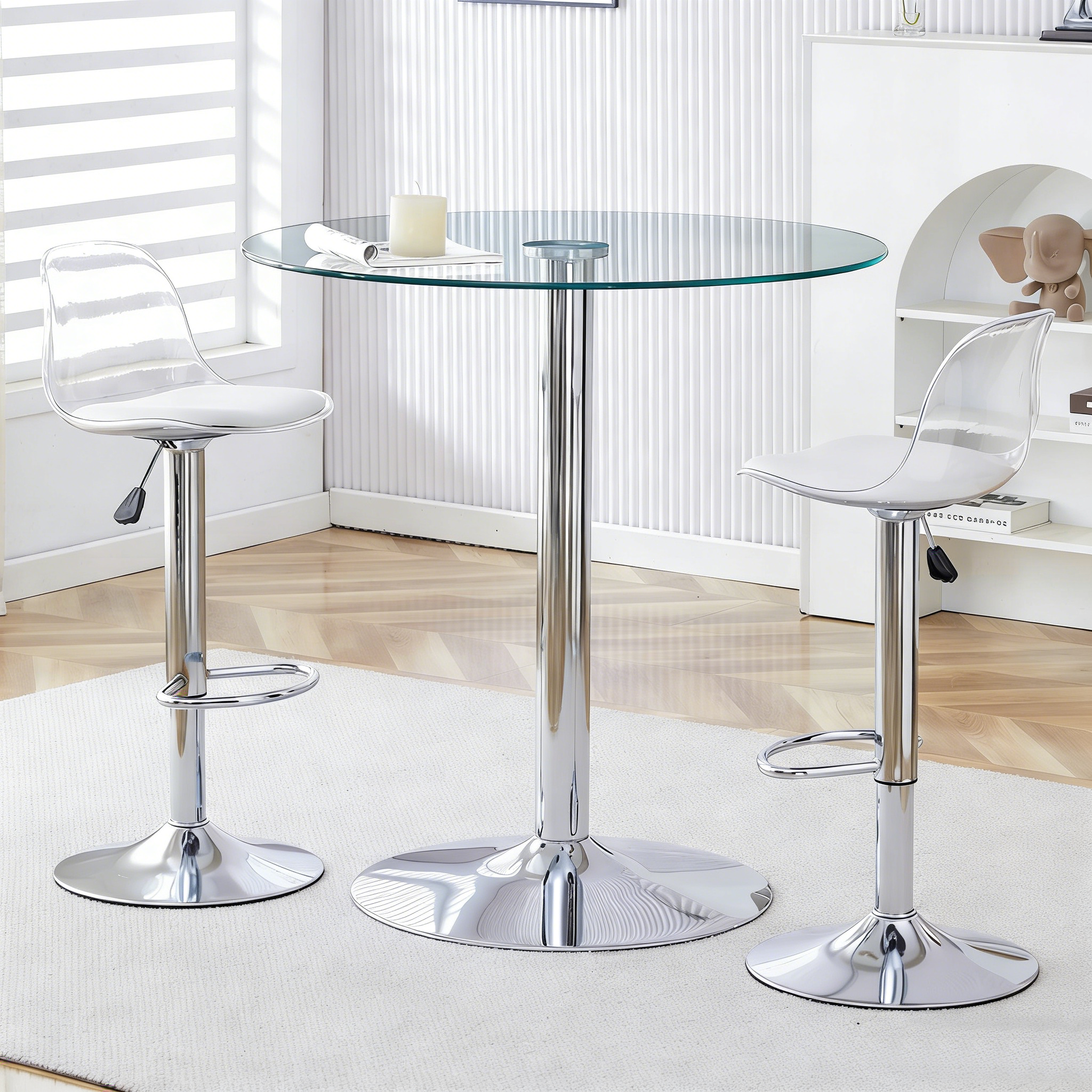 Flexible Bar Set, 89cm Glass Table + 2 Height-Adjustable Stools, Silver-Colored Metal