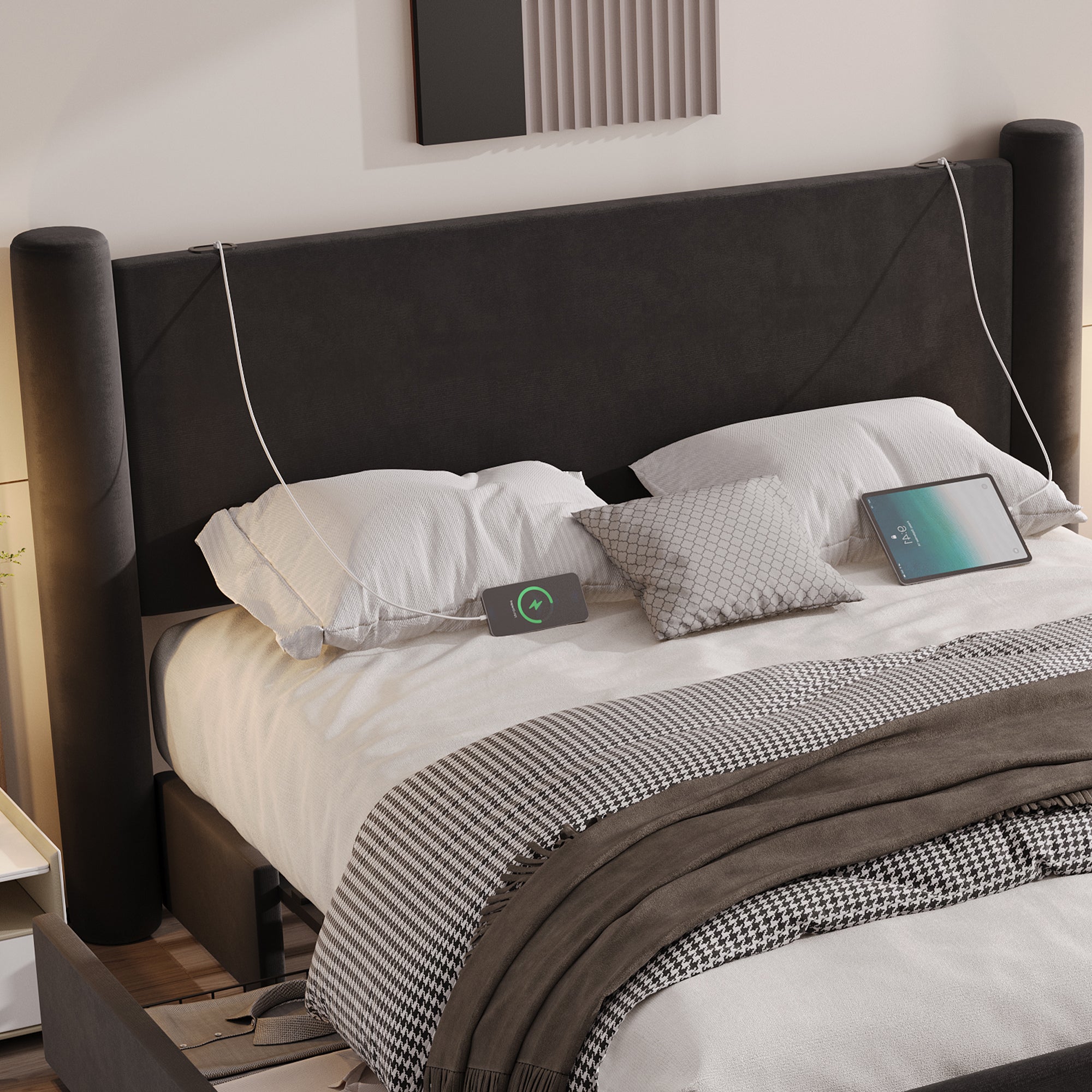 Bed Frame, 140x200cm Modern Design, Padded Headboard, 2 Storage Drawers, USB Ports, Black