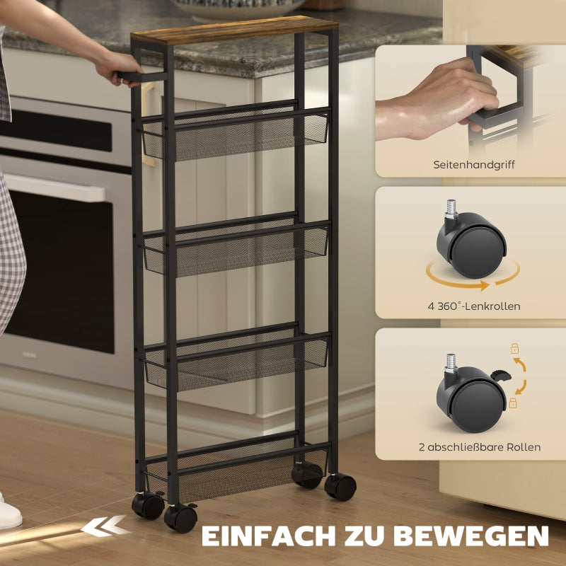 Kitchen Trolley 5-Tier with Worktop, Wheels & Handle - Black