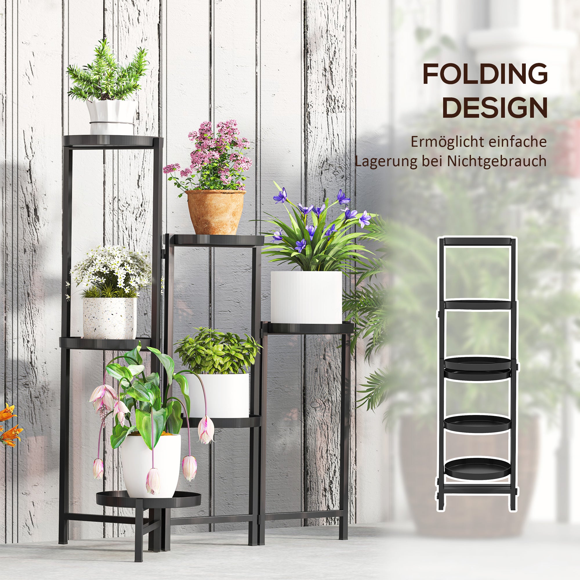 Plant Stand, 6-Tier Foldable Trays 80cm High, Metal Black