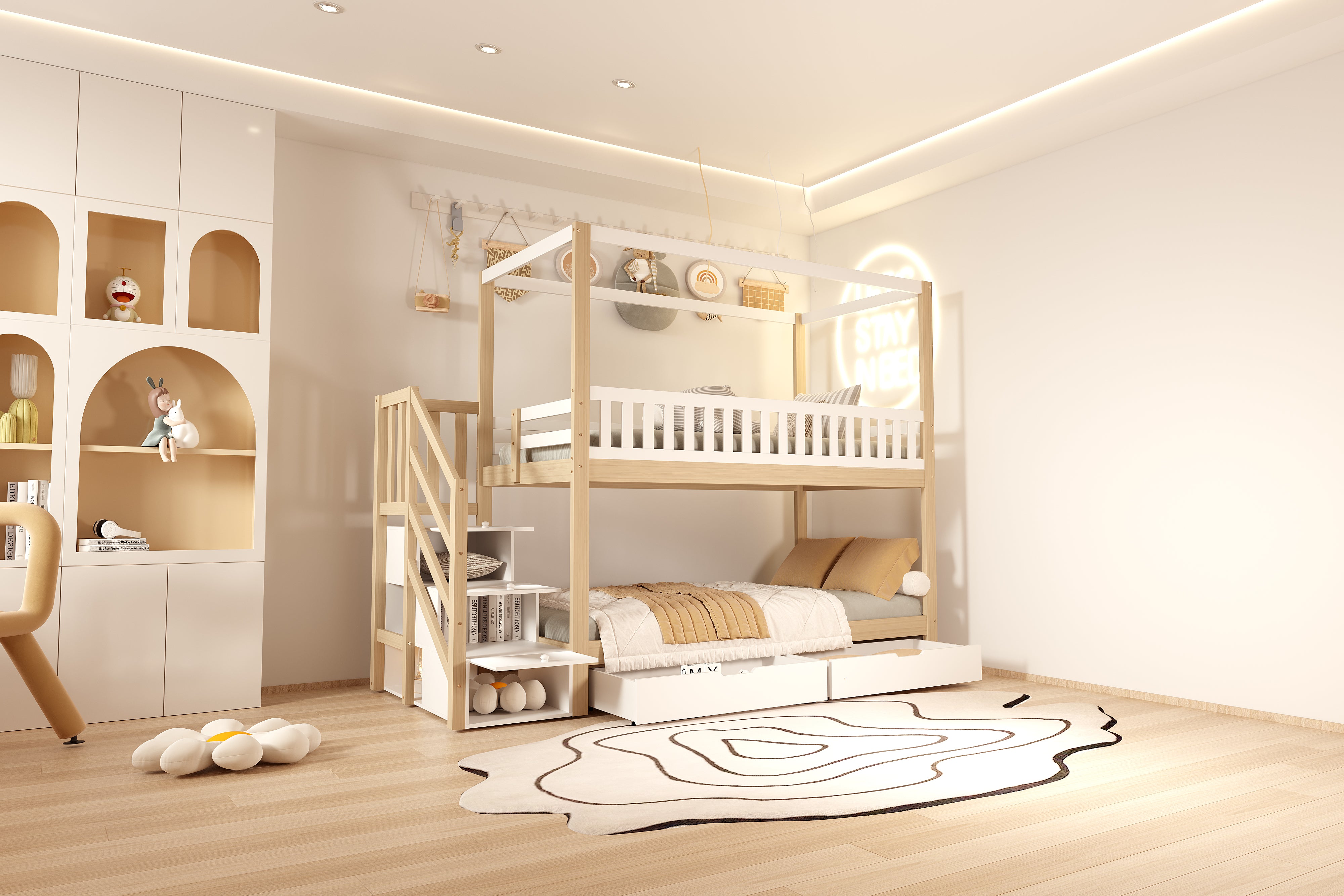 Bunk Bed, 90x200 cm House Shape Safety Rail & Storage, Solid Wood White/Natural