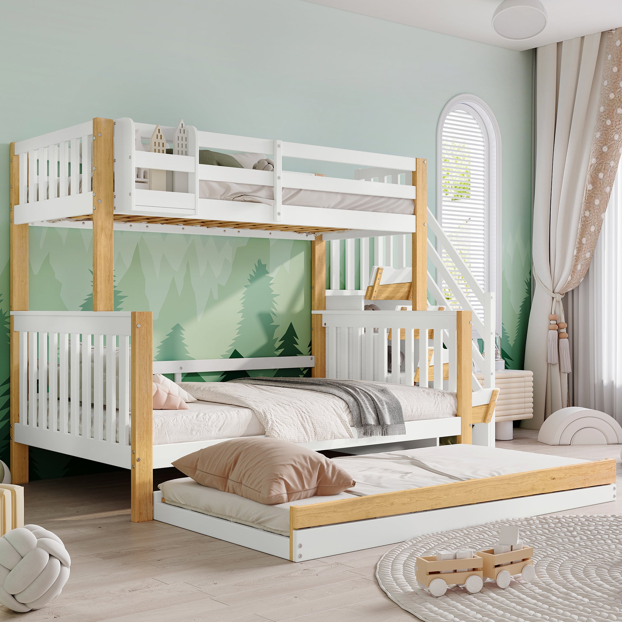 Bunk Bed, Trundle & Corner Stairs, Pine + MDF, White + Natural