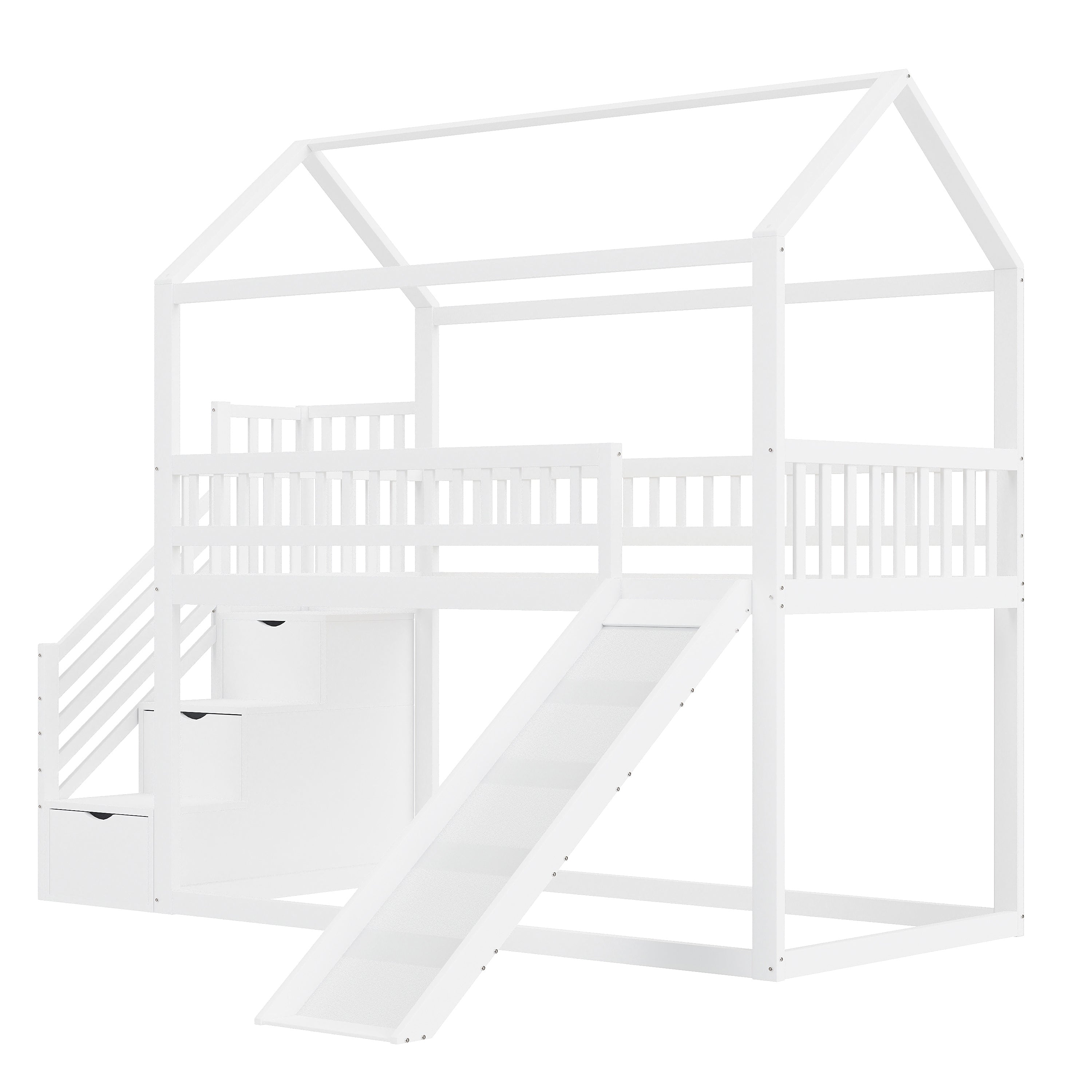 Children's Bunk Bed 90x200 cm, Loft with Slide & Storage Ladder, Solid Wood, White