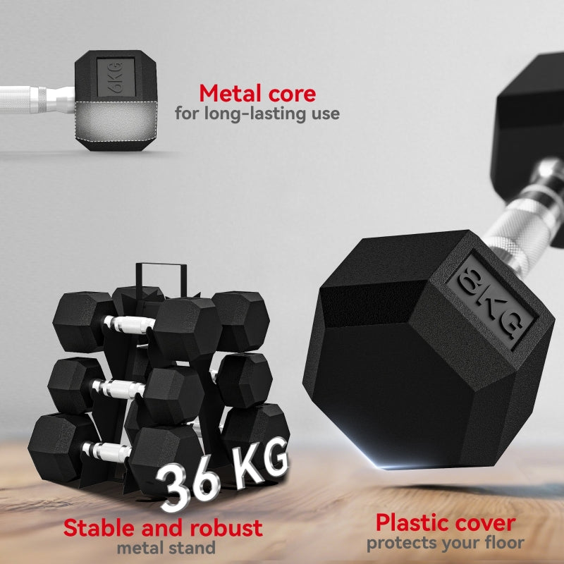 Hex Dumbbell Set with Storage Rack and Handles, Rubber Coated