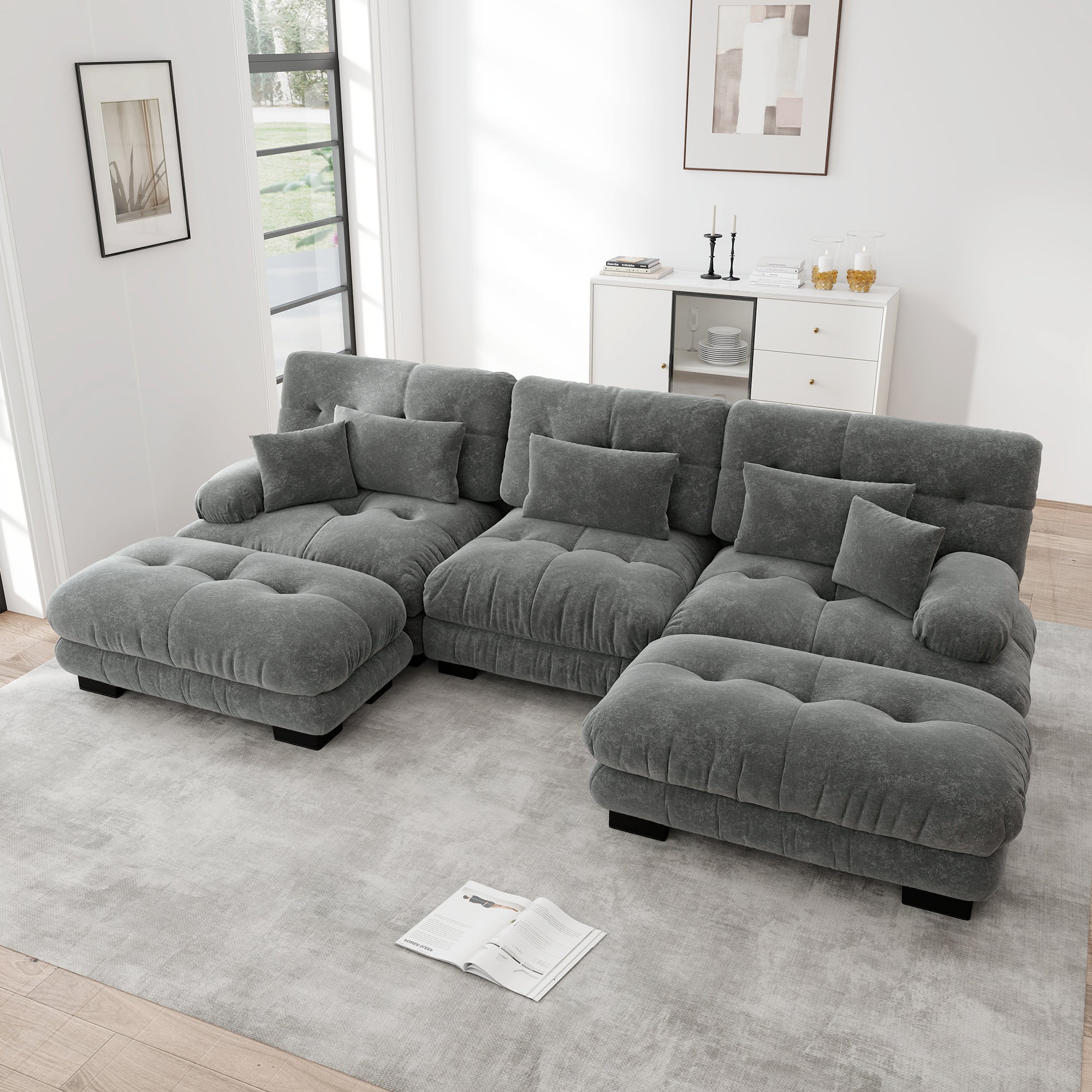 Luxury Modular Corner Sofa, Oversized U-shaped Cloud with Ottoman, Chenille Grey