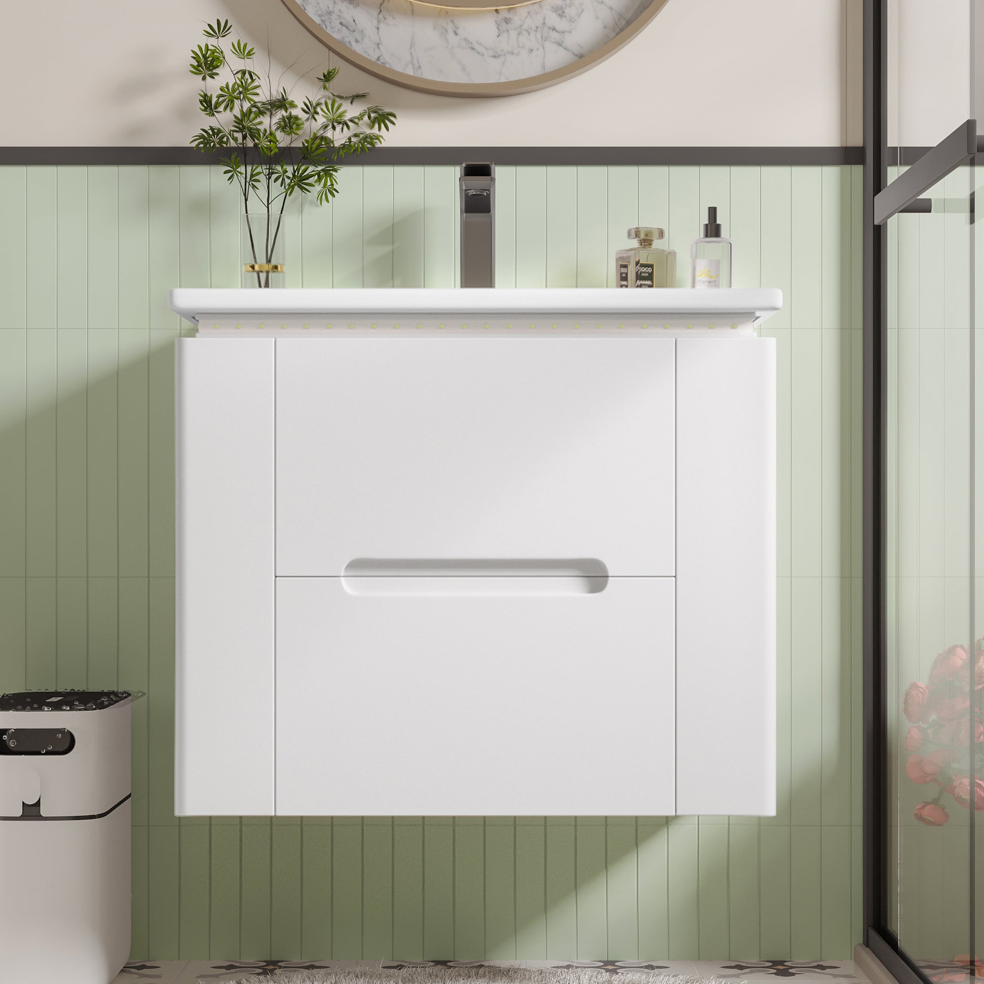 Wall-Mounted Bathroom Cabinet with LED Sensor Lighting and Integrated Sink, White