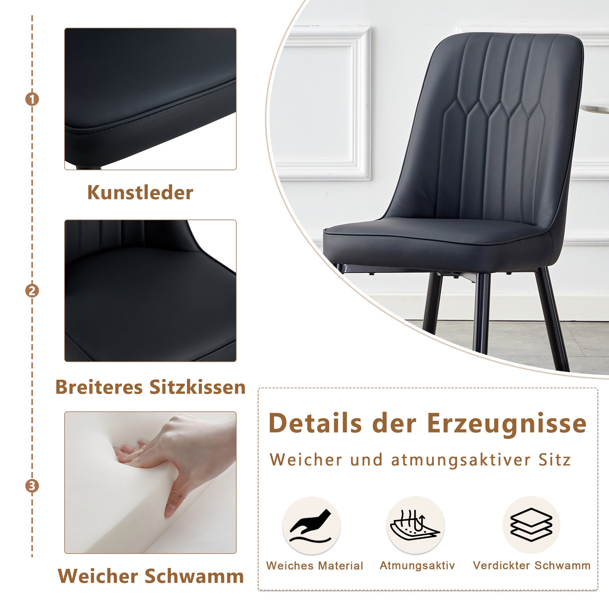 2-Piece Chair Set, Modern Dining Chair with Metal Legs, Black PU Leather