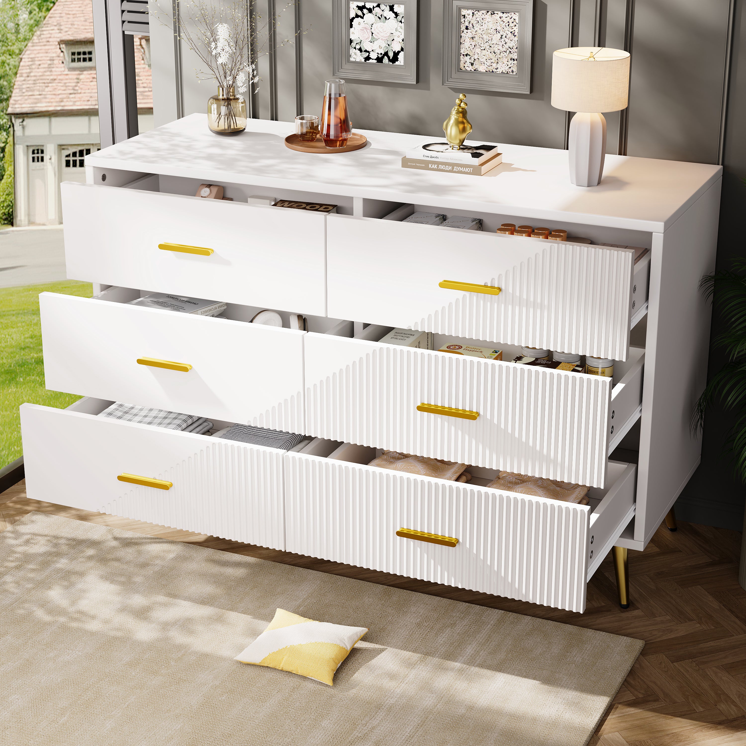 Chest of Drawers, 6-Drawer Cabinet with Golden Legs, White