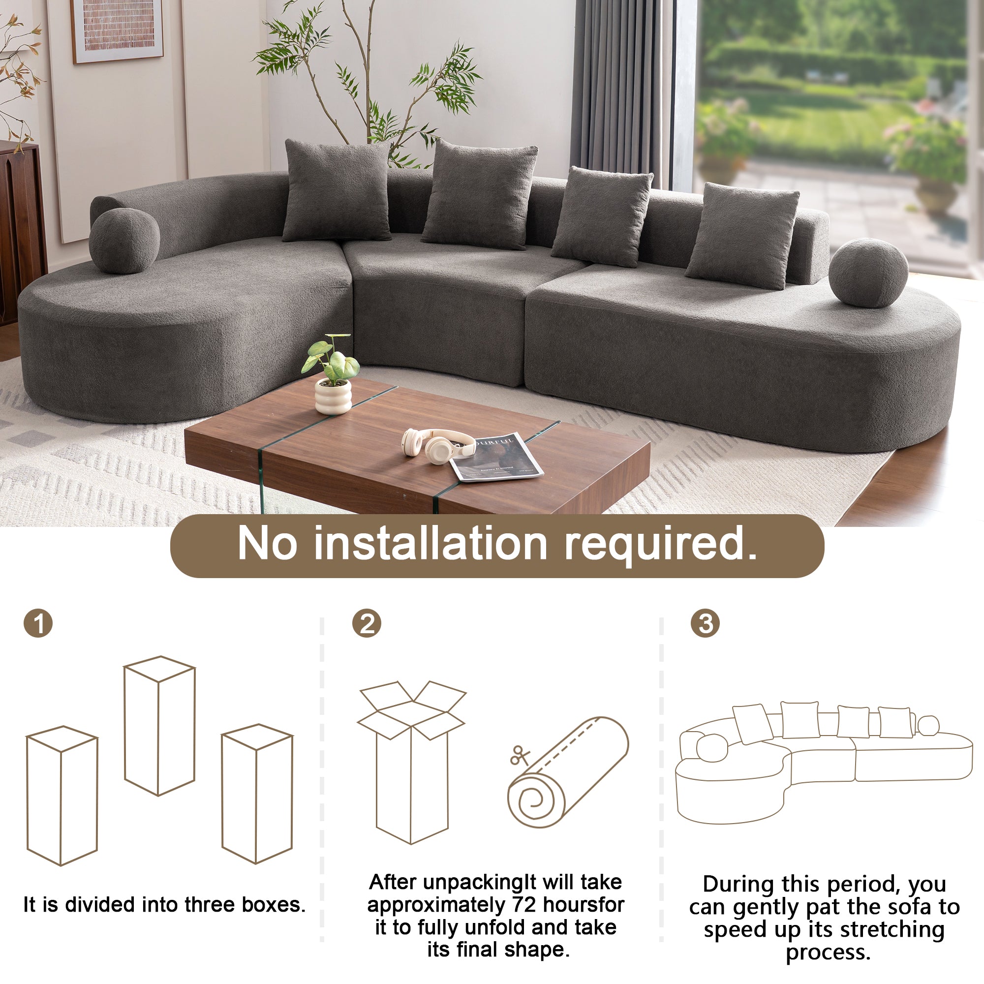 L-Shaped Cloud Sofa, 327cm Large Arched Corner Couch with Thick Padding, Cream White