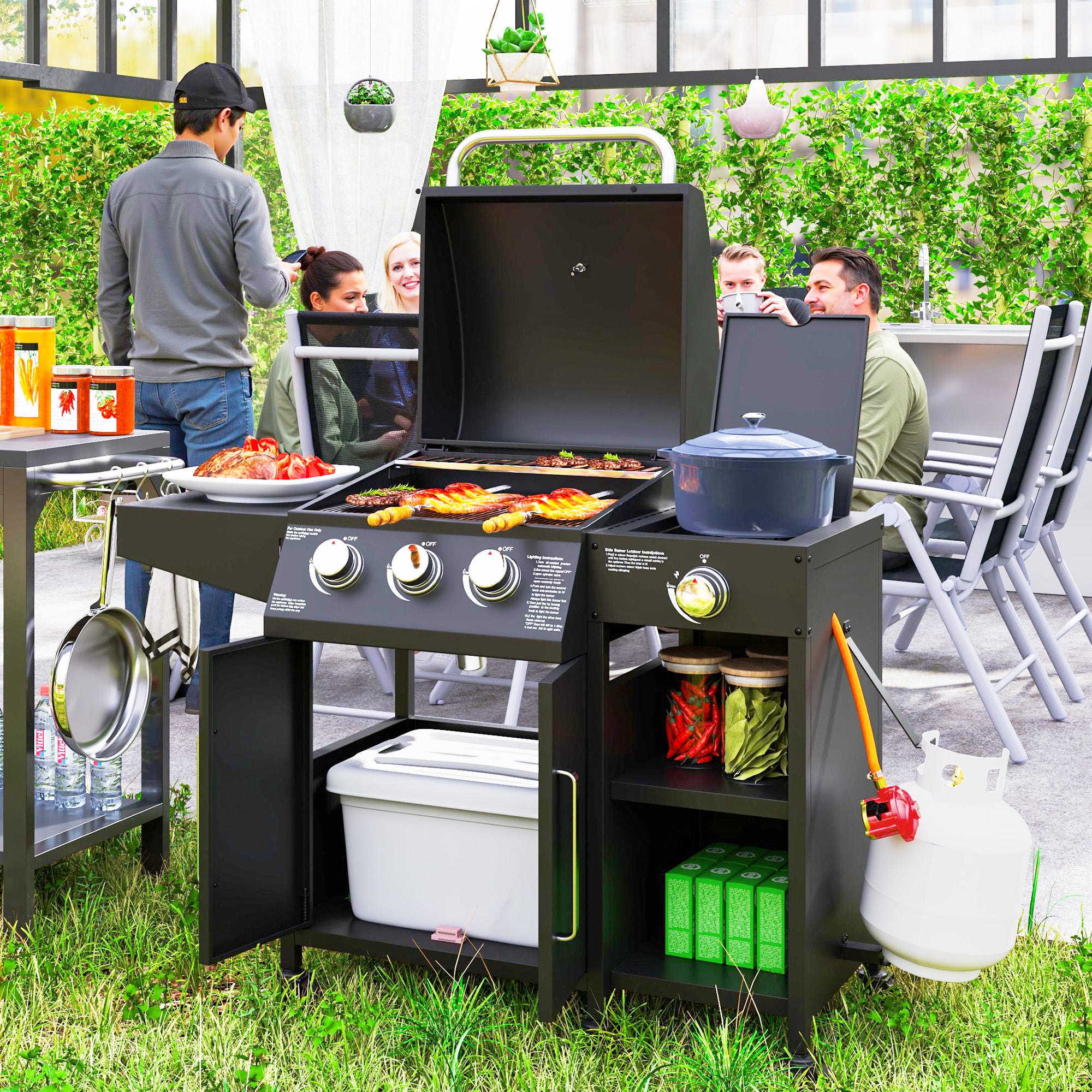 3+1 Burner Gas BBQ Grill, 9.5 kW with Storage Cabinet and 6 Castor Wheels, Black