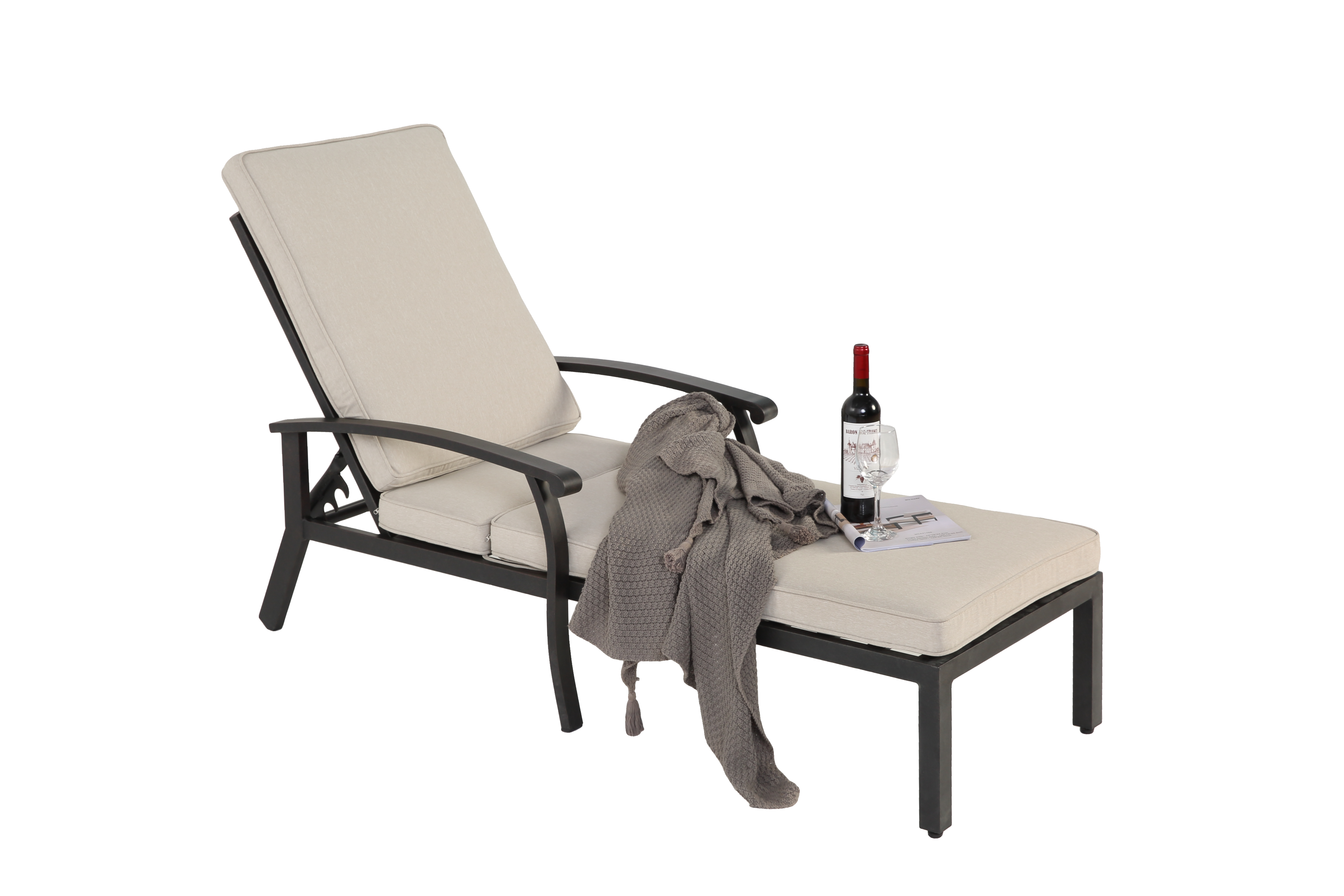 Lounge Patio Chair, Adjustable Recliner Rust-Resistant Aluminum, Beige Cushion
