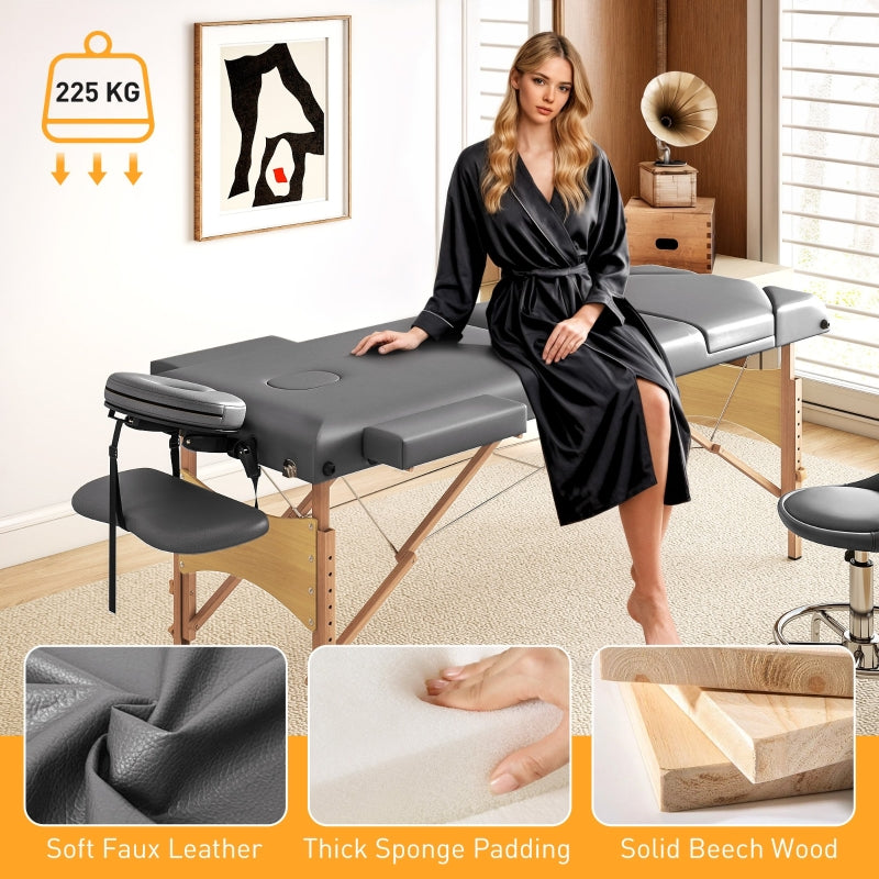 Foldable Massage Table, Adjustable Height Portable with Beech Wood Legs - Grey