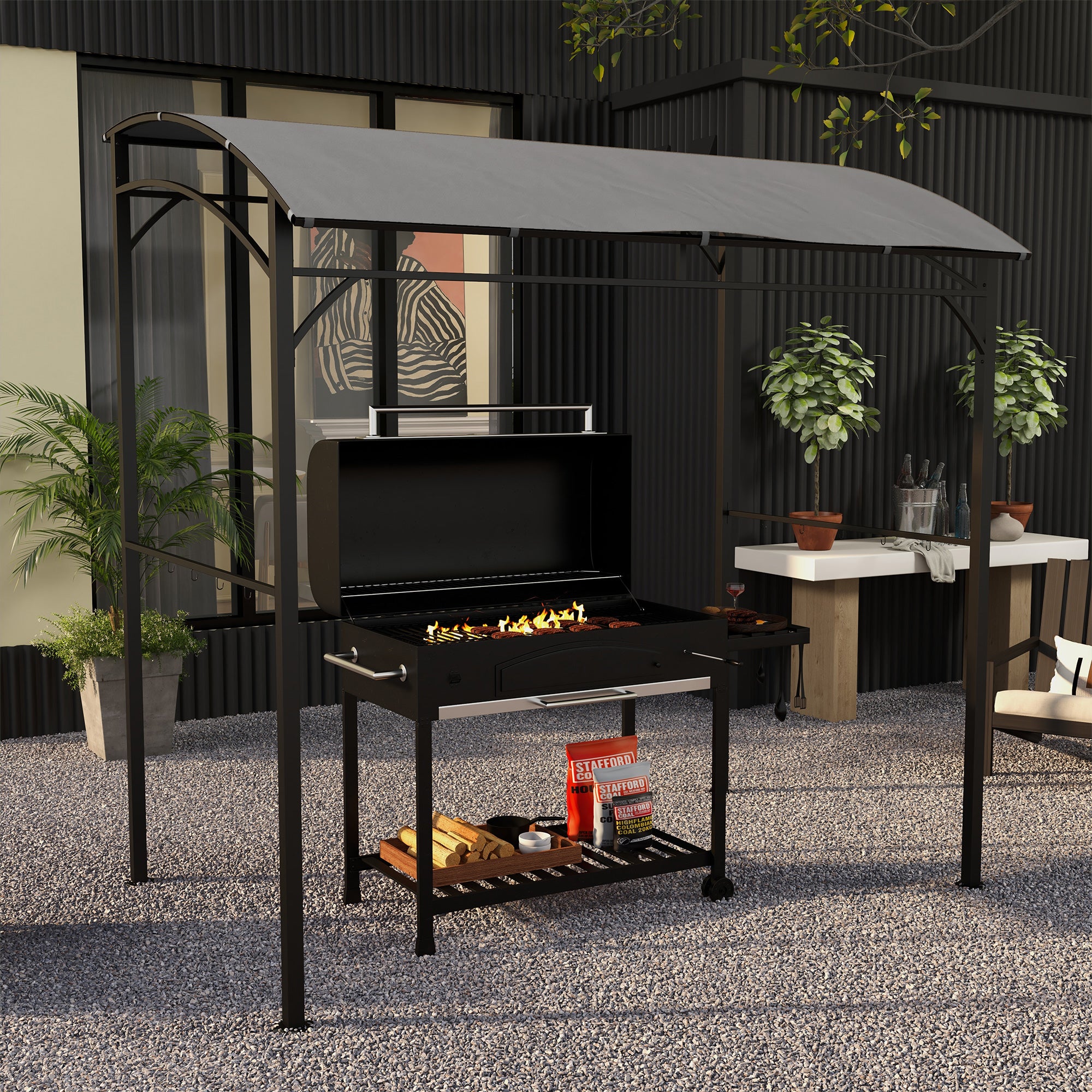 BBQ Grill Gazebo Tent 2.2 x 1.5m, Metal Frame Curved Canopy with 10 Hooks, Grey