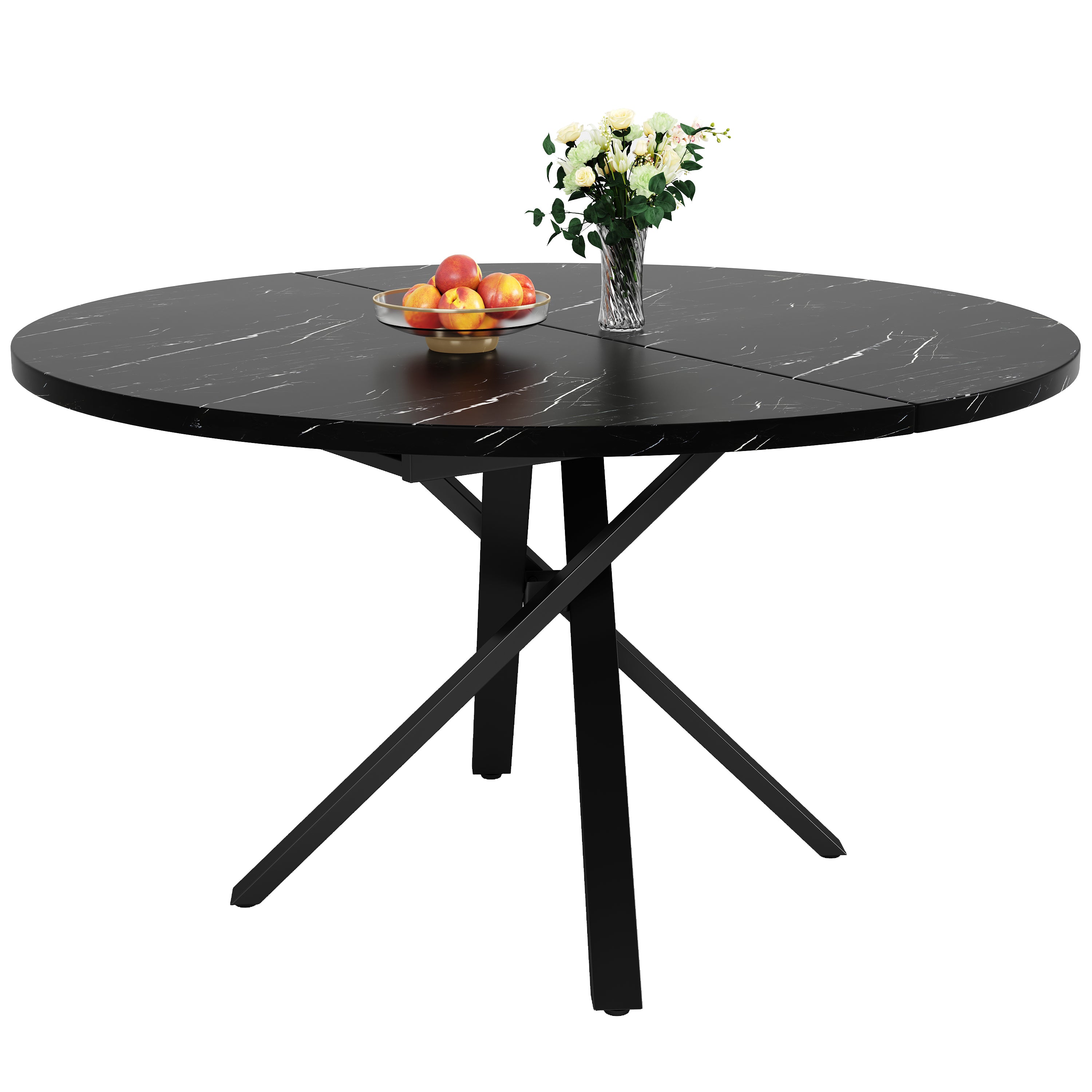 Round Extendable Dining Table, X-Metal Frame, Marble Look Black