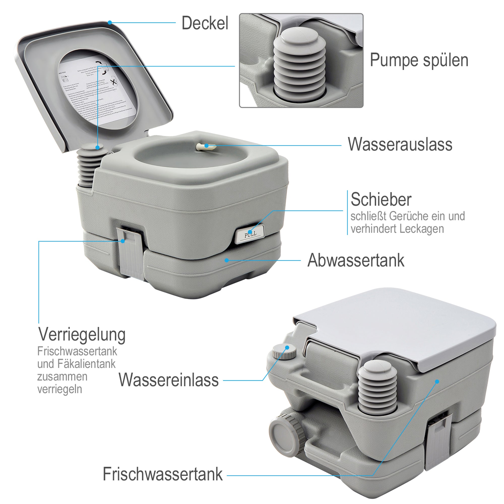 Camping Toilet Foldable Dry Composting 200kg Capacity, Grey