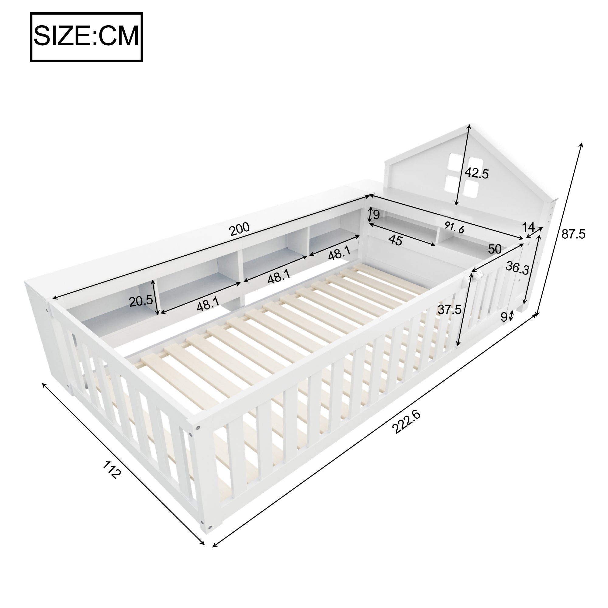 Children's Bed 90x200cm, Roof & Window, Storage, Safety Gate & Door, Solid Wood, White