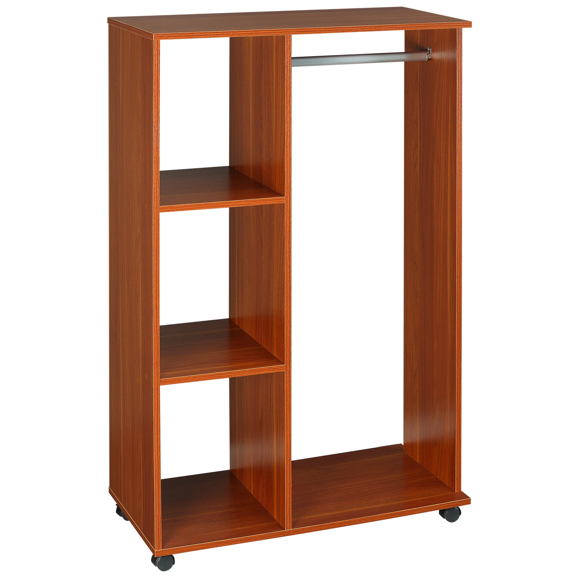 Open Wardrobe on Wheels, Clothes Hanging Rail & 3 Storage Shelves, Walnut