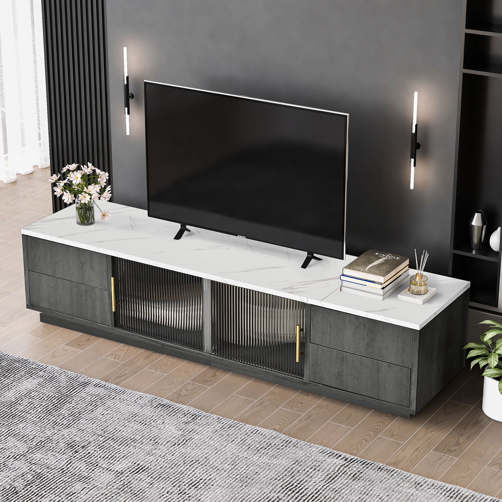 160cm Deluxe TV Stand for 70" TV, Cable Management, Push-to-Open Drawers, Grey Marbled