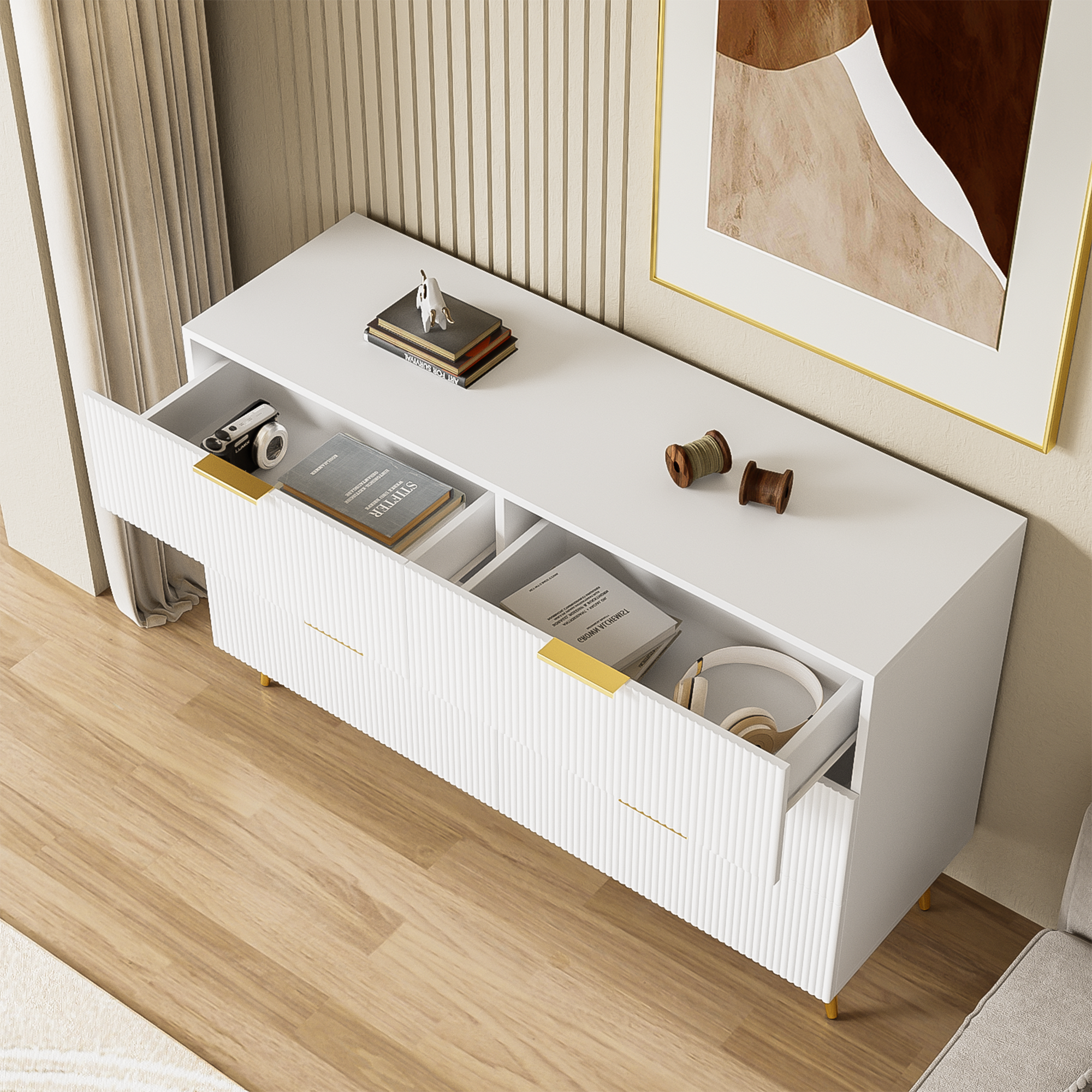 Sideboard, Modern Design Chest of Drawers, Wood, White and Gold