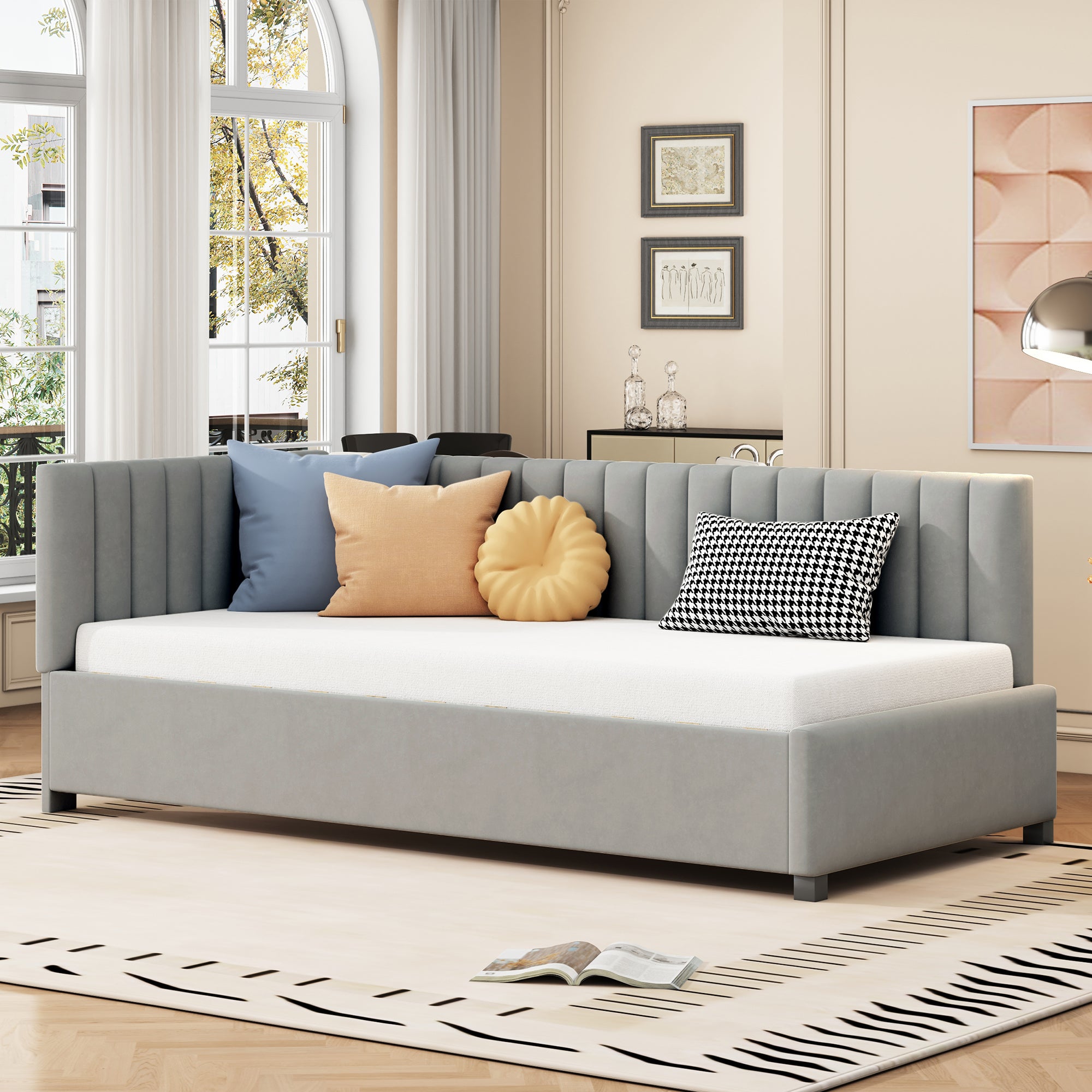 Upholstered Bed Sofa, 90x200 Multifunctional with Slatted Frame, Skin-Friendly Velvet Fabric Gray