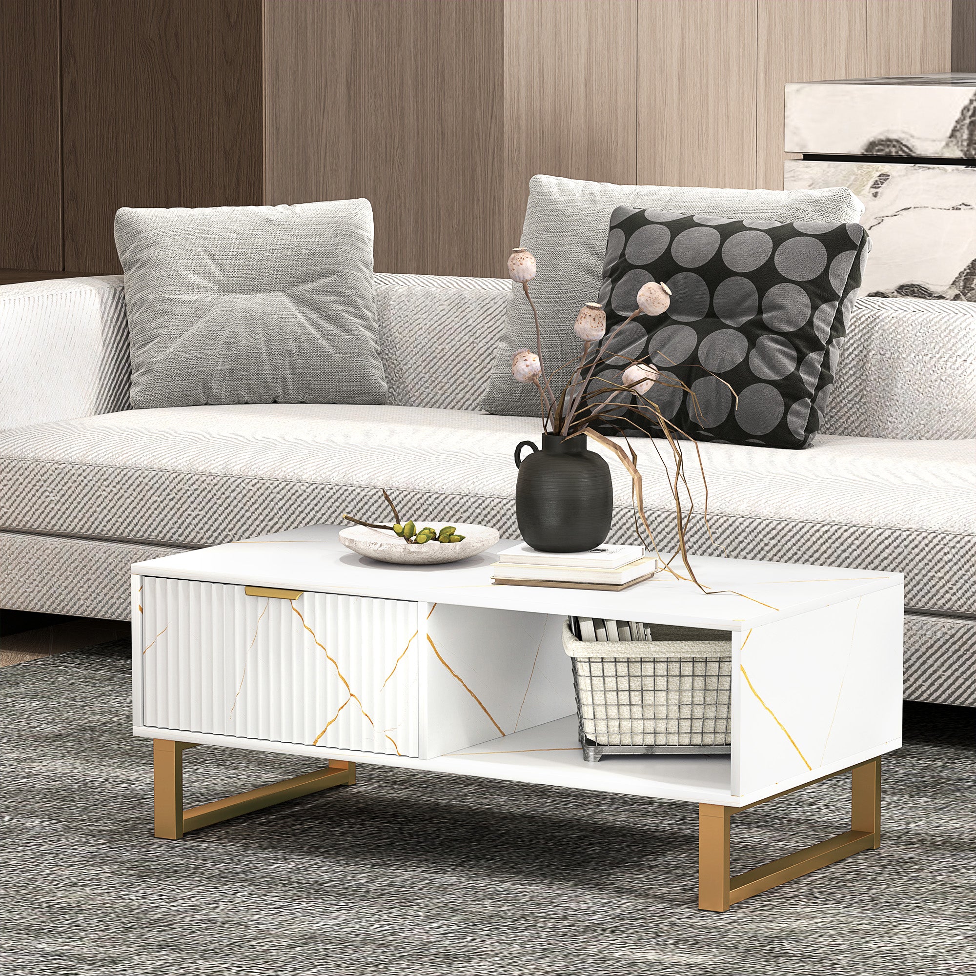Elegant Coffee Table with Storage, Marble Effect - White