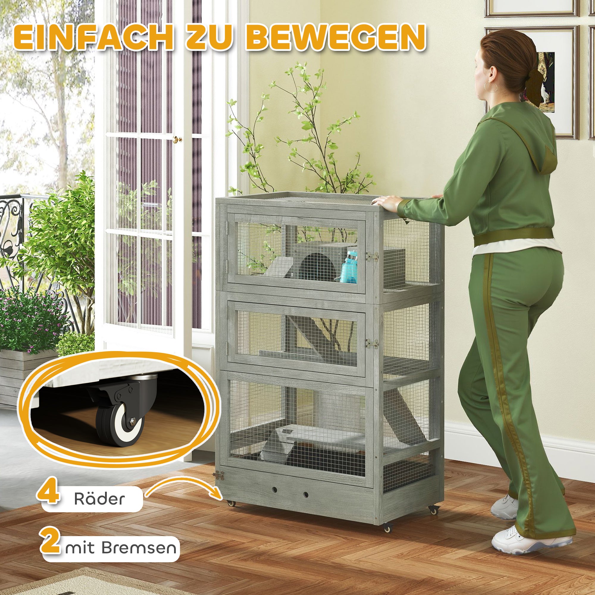 Wooden Dwarf Hamster Cage, 4-Tier with Huts, Food Bowls, Gray