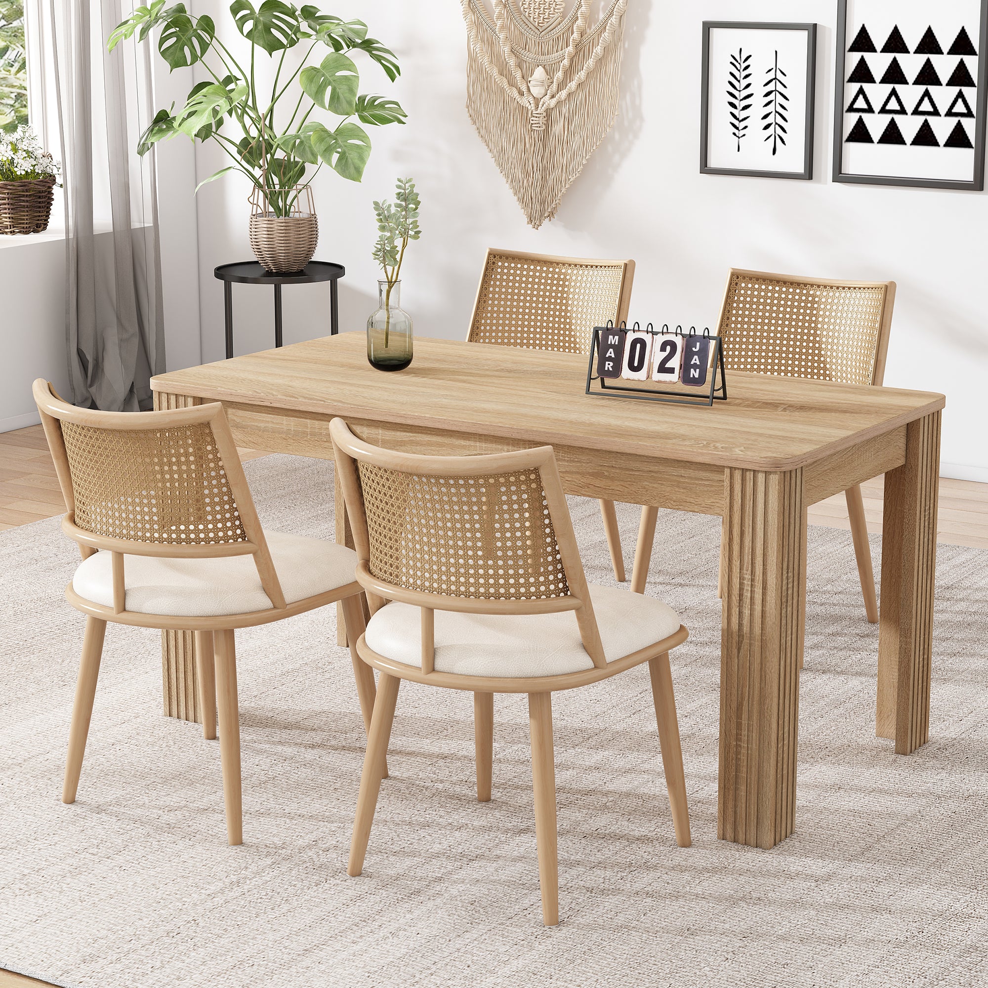 Set of 4 Bamboo Kitchen Chairs, PU Seat Rattan Backrest Armchair, Beige
