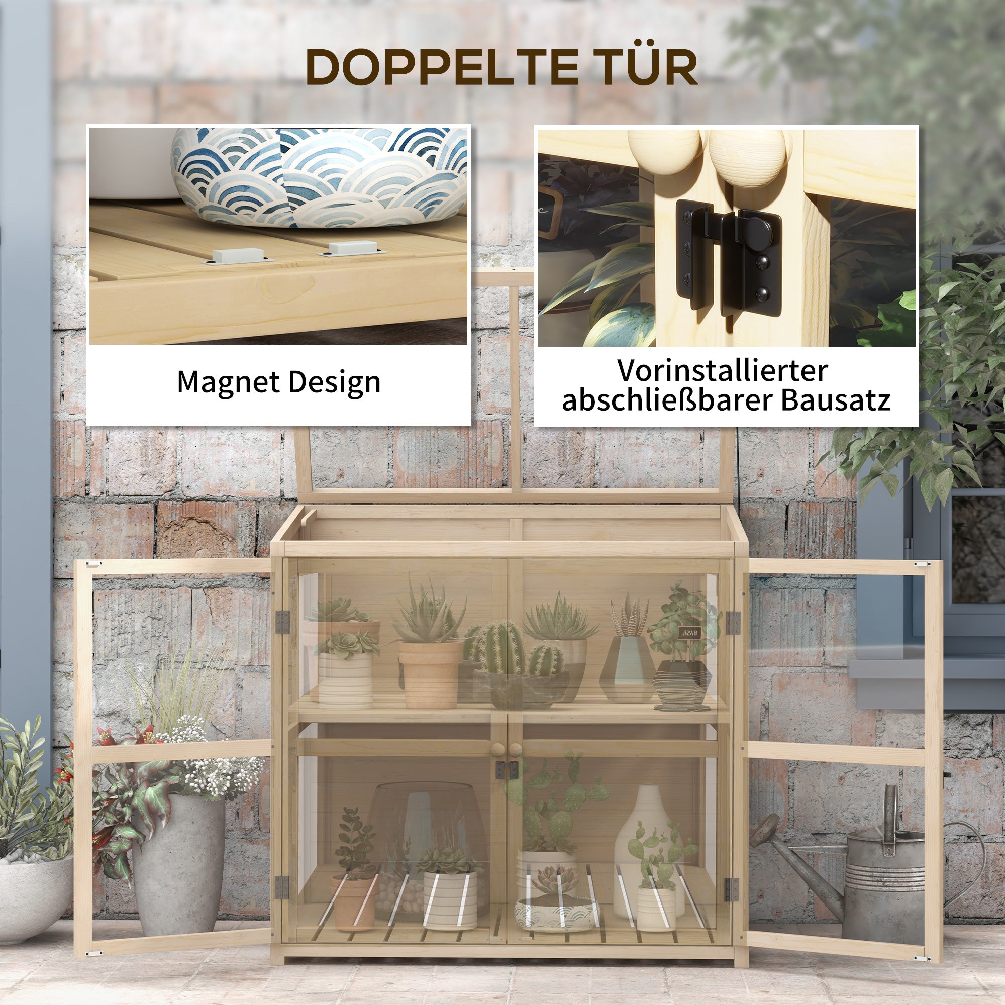 Wooden Cold Frame Greenhouse, 2-Tier Double Doors Roof Window Windproof 103x61x103cm, Natural Finish