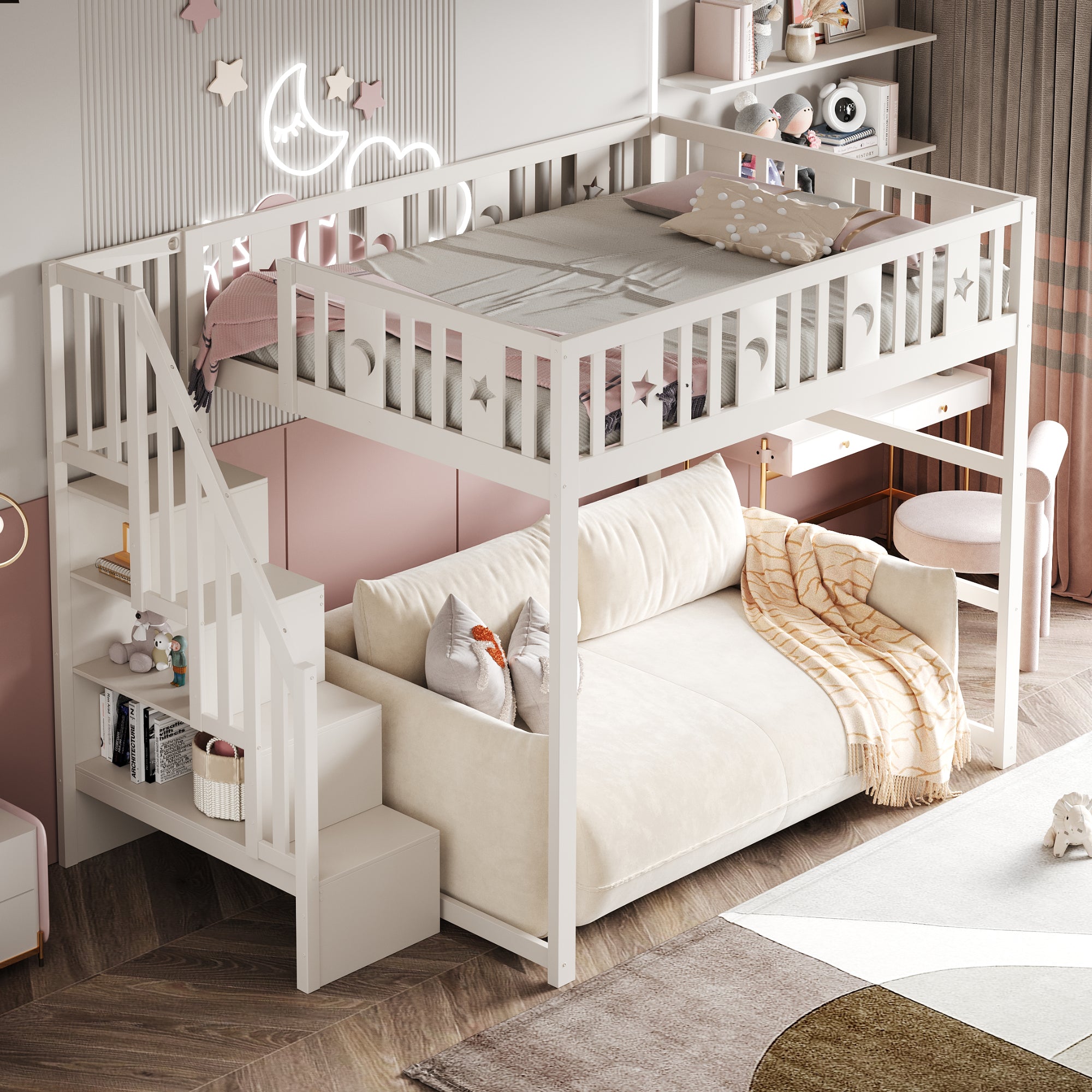 Children's Bunk Bed with Stairs, Safety Railing, Star/Moon Decoration, Solid Wood, White