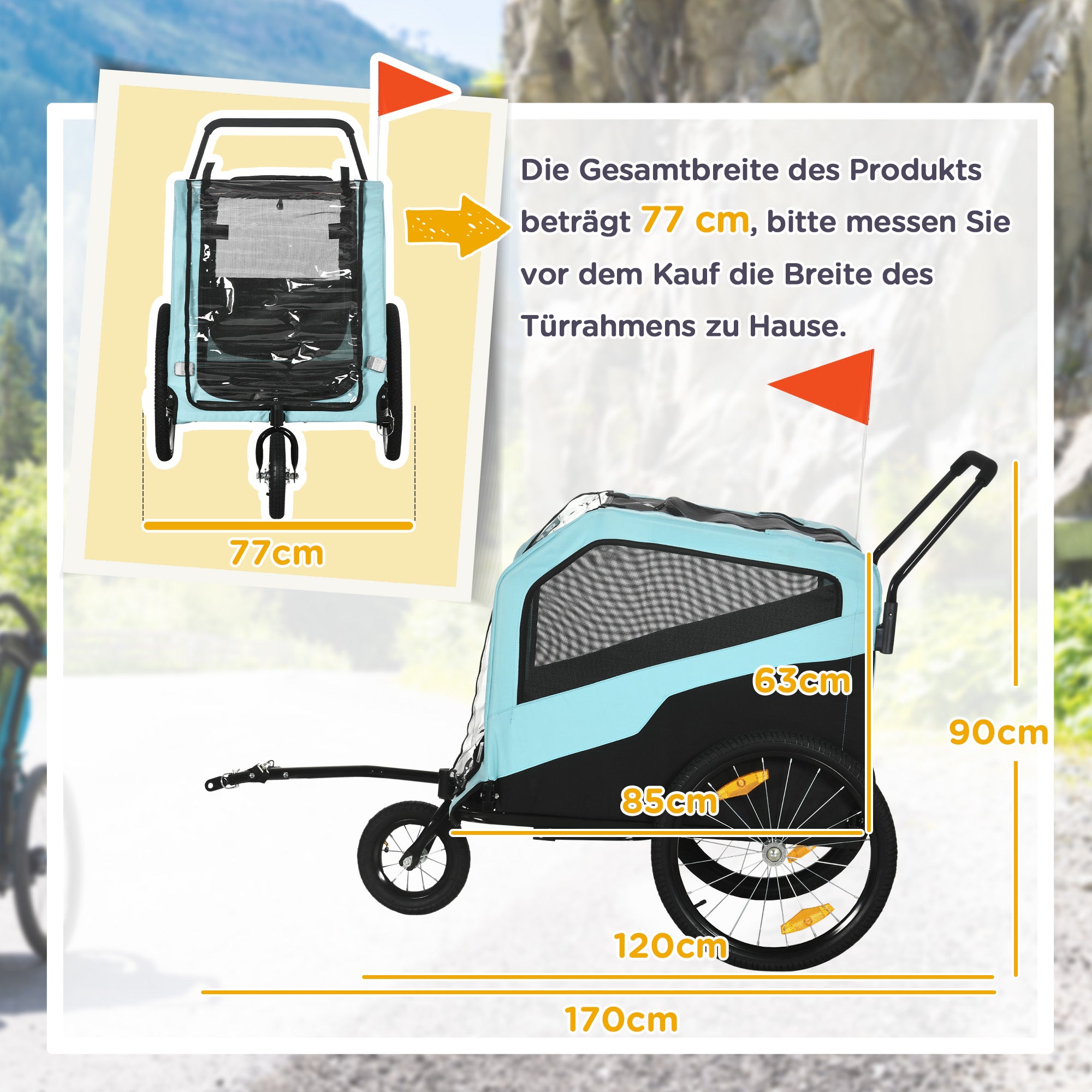 2-in-1 Dog Trailer & Stroller, Bicycle Attachment, max. 30 kg, Oxford Fabric, Blue