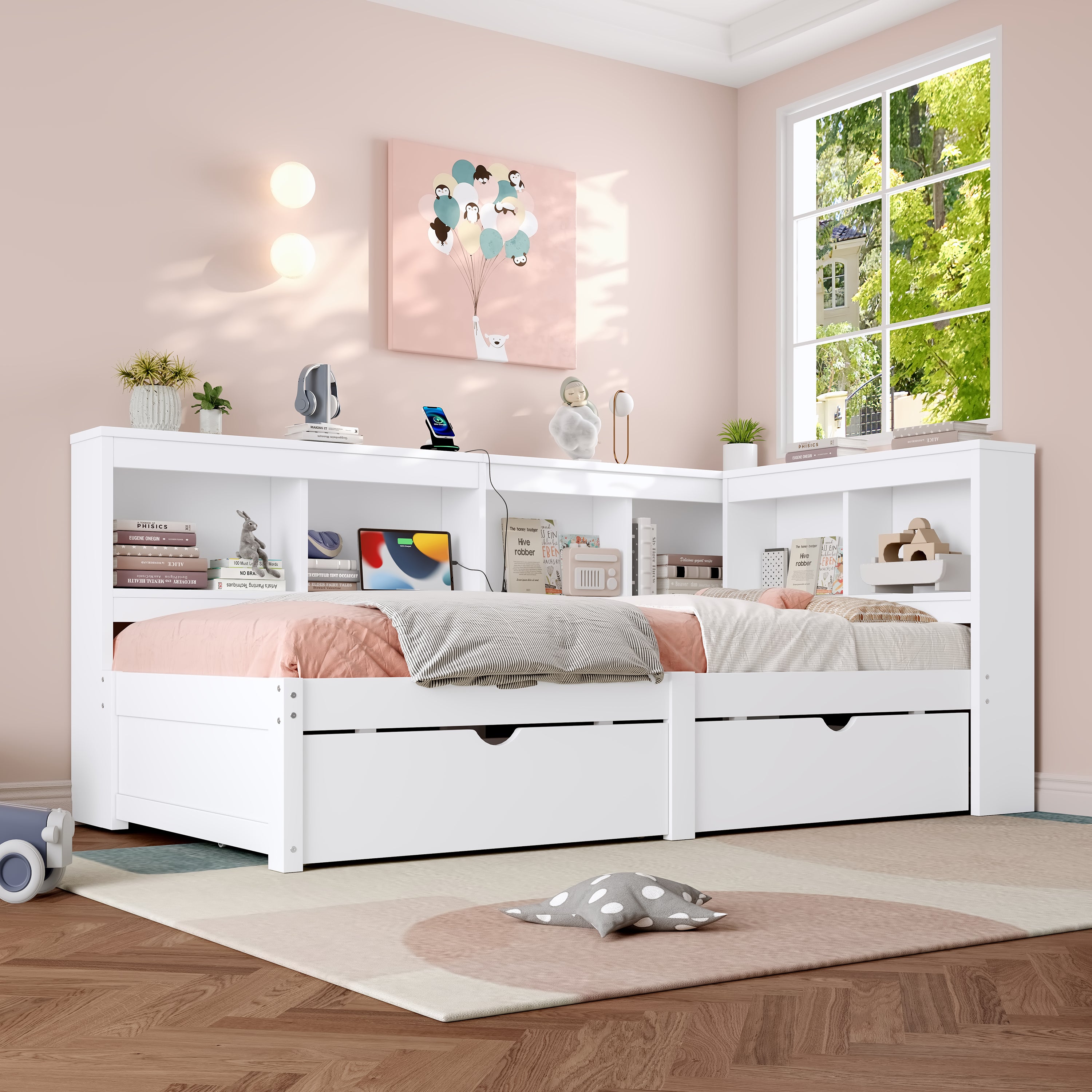 3ft Single L-Shape Daybed with Two Storage Drawers, Bookcase Storage, and Charging Station, Wood White