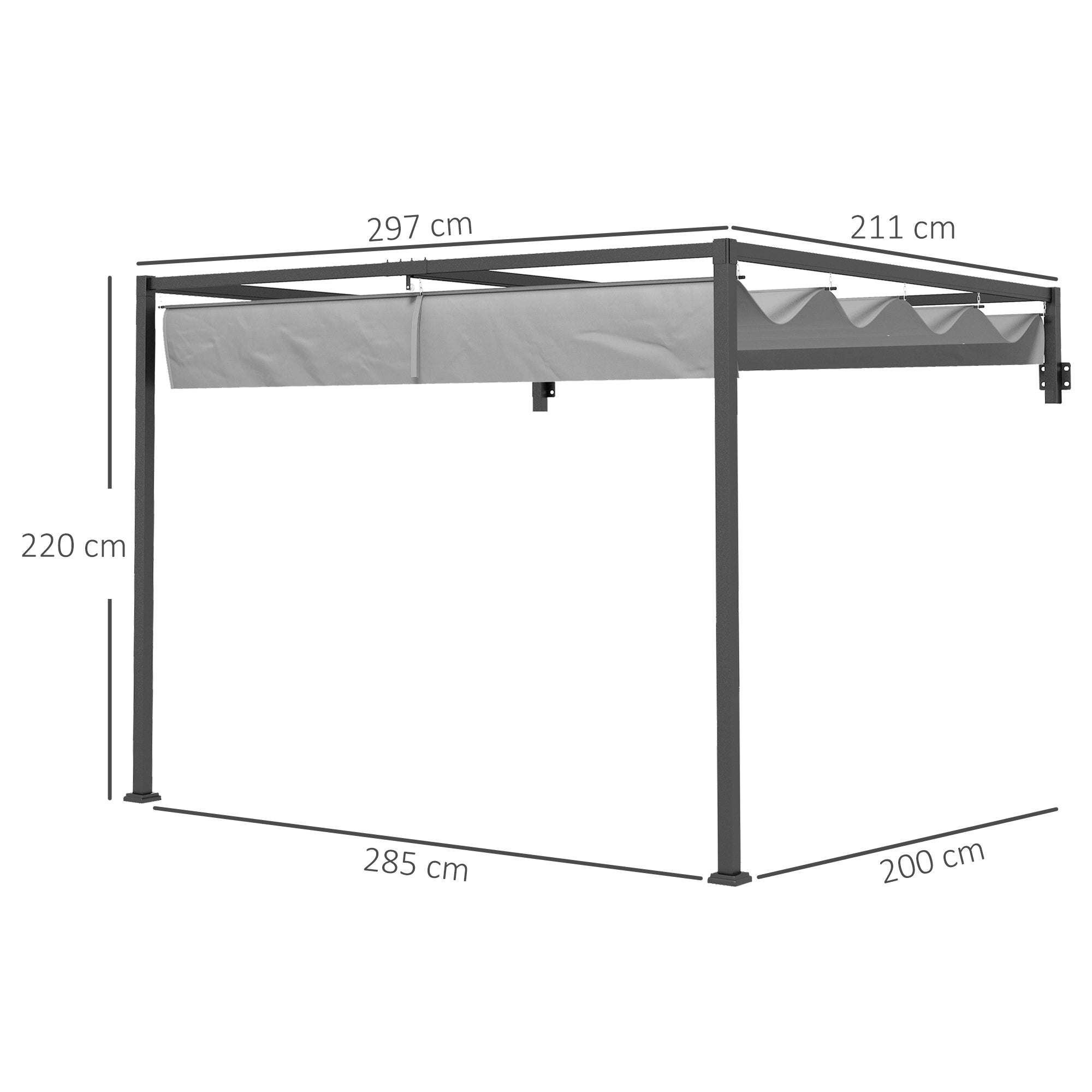 Lean To Steel Pergola, 2 x 3m with Moving Fabric Canopy - Dark Grey