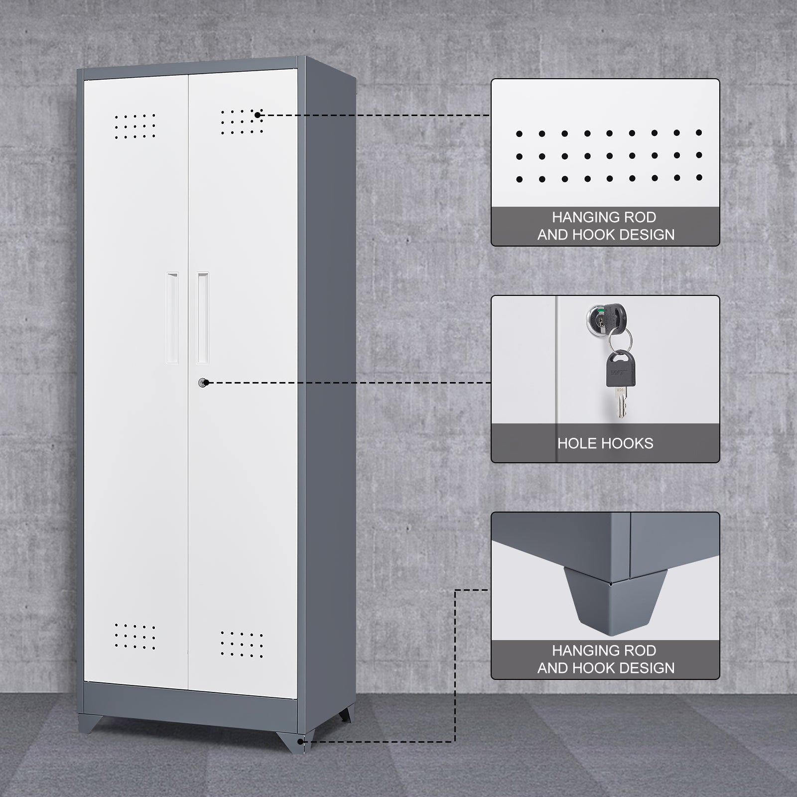 Broom Storage Cabinet with Locking Doors, Hanging Rod and S-Hooks, 65 Inch Metal, Gray