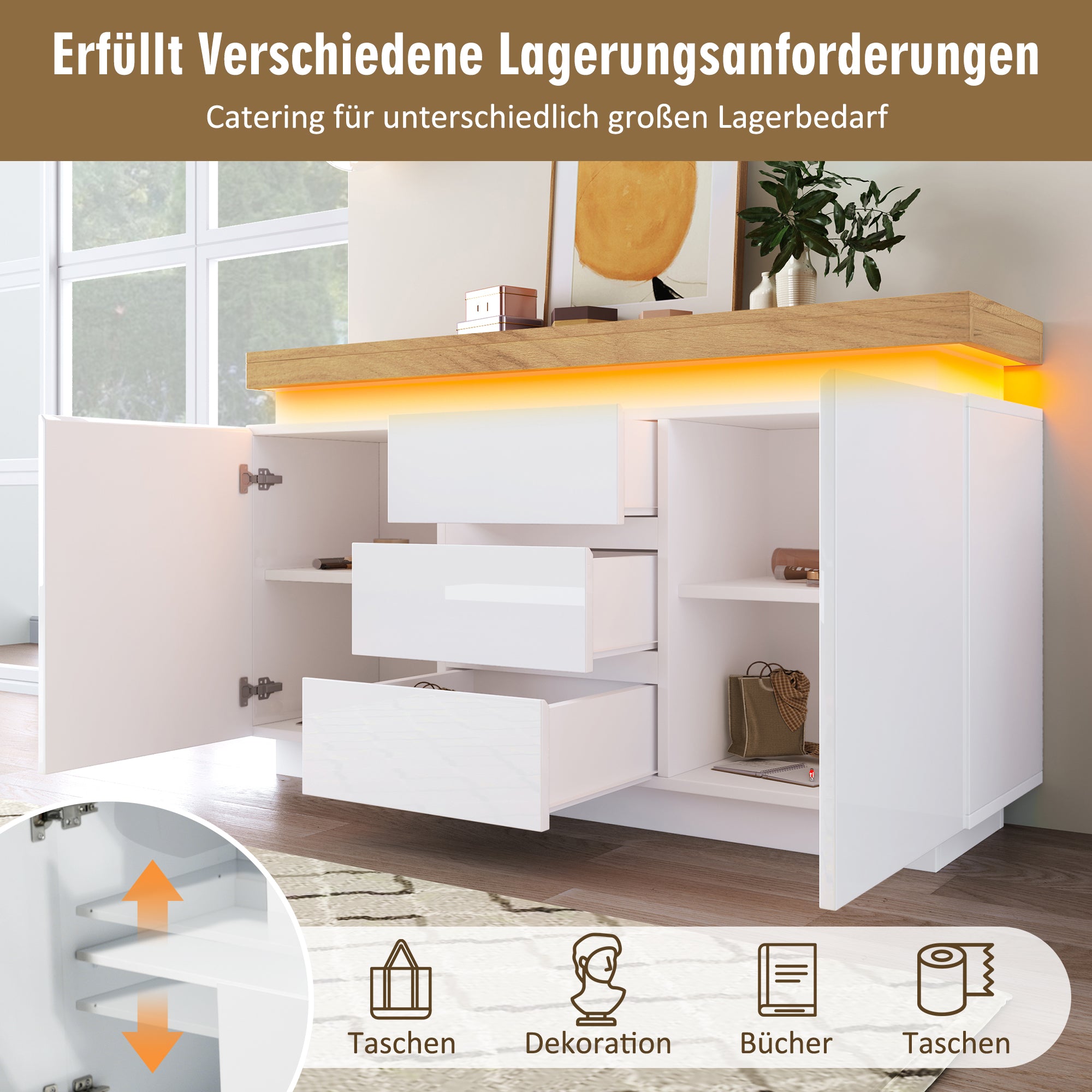 Chest of Drawers, High-Gloss Sideboard with 2 Doors & 3 Drawers, LED Lighting, White