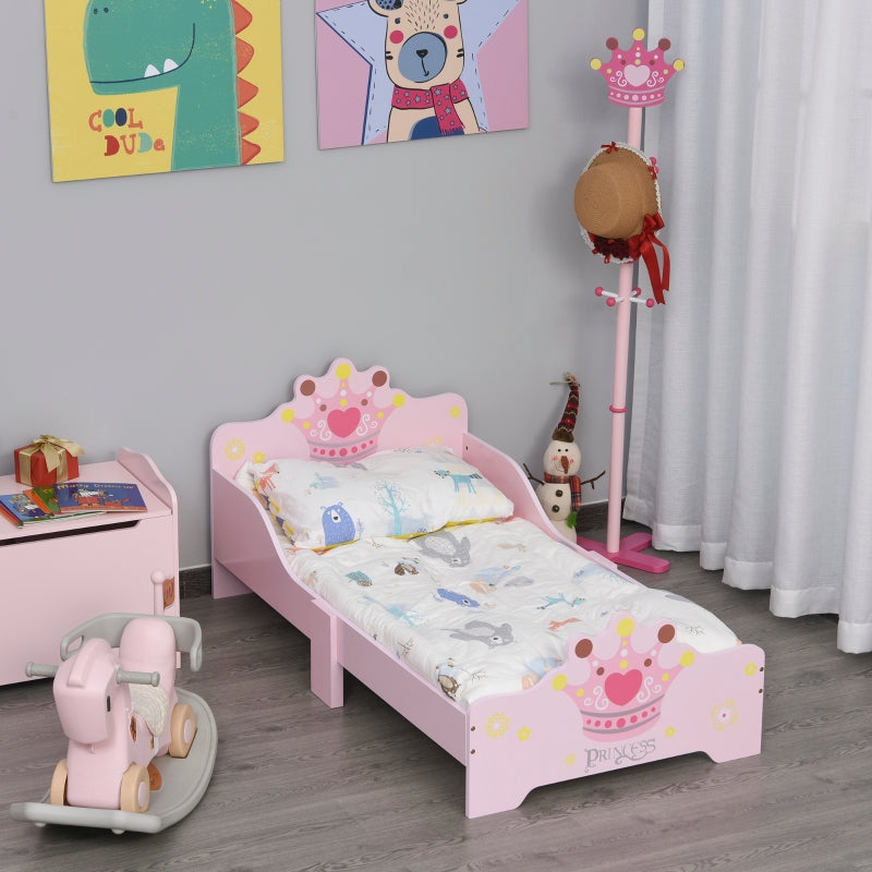 Kids Toddler Bed Princess Crown Theme Safety Side Rails Slats Pink